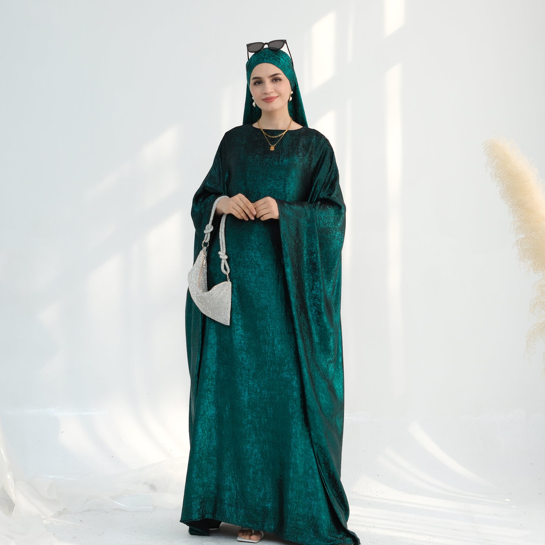 Linora Shimmer Butterfly Abaya - Elegant Green Islamic Dress for Women | Perfect for Eid, Ramadan, and Special Occasions