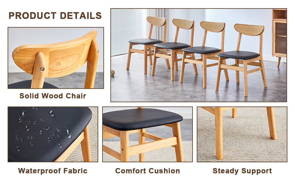 8-Piece Cozy Natural Rubberwood Dining Chair Set - Solid Wood & Rattan Style with Curved Back & PU Cushion - Perfect for Dining Room, Kitchen, Cafe & Home Decor