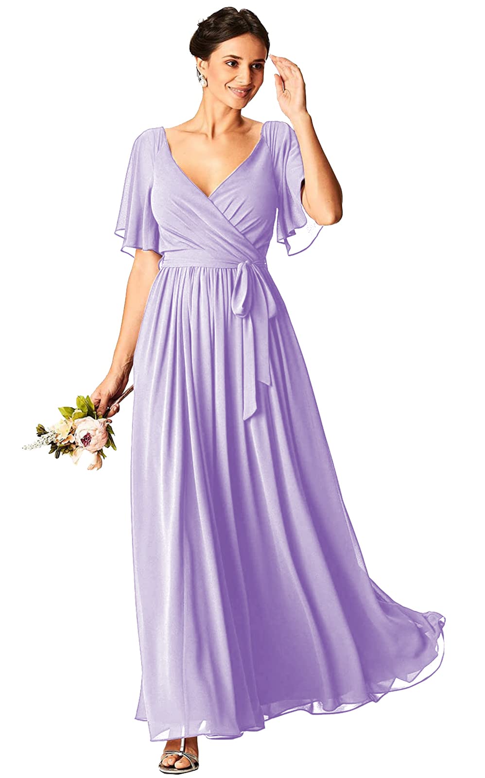Elegant V-Neck Chiffon A-Line Bridesmaid Dress with Sleeves - Long Formal Evening Gown for Wedding, Prom, Party & Special Occasions