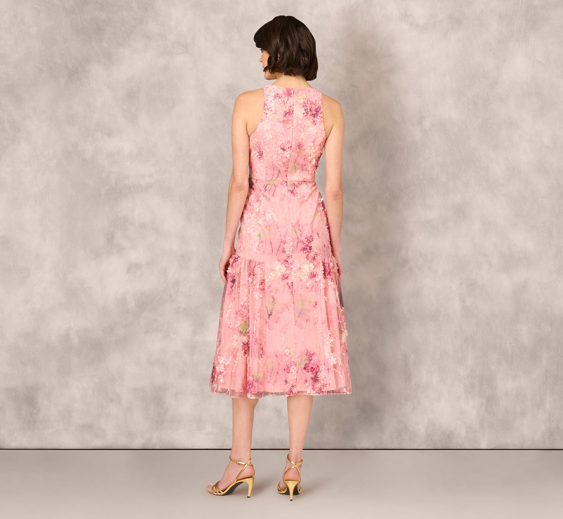 Elegant Sleeveless Embroidered Side Flounce Midi Dress in Pink Multi - Perfect for Summer Weddings, Garden Parties & Cocktail Events