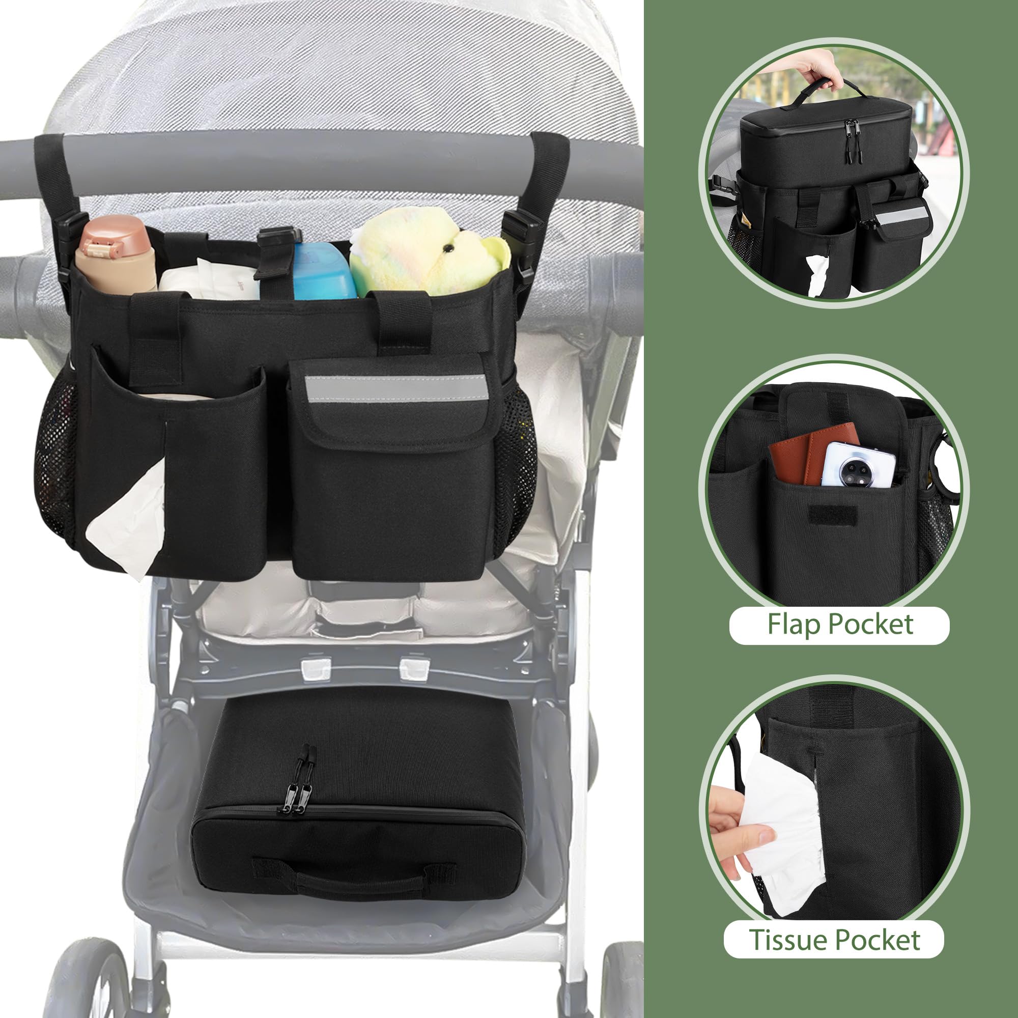 Universal Stroller Organizer with Cooler Bag - Wagon Storage Attachment Fits 14”-22” Handlebars - 2 Side Buckle Straps & Back Magic Tape Loops - Easy Carry Handle - Black - Perfect for Diaper Bags, Snacks & Baby Essentials on Walks, Shopping & Travel