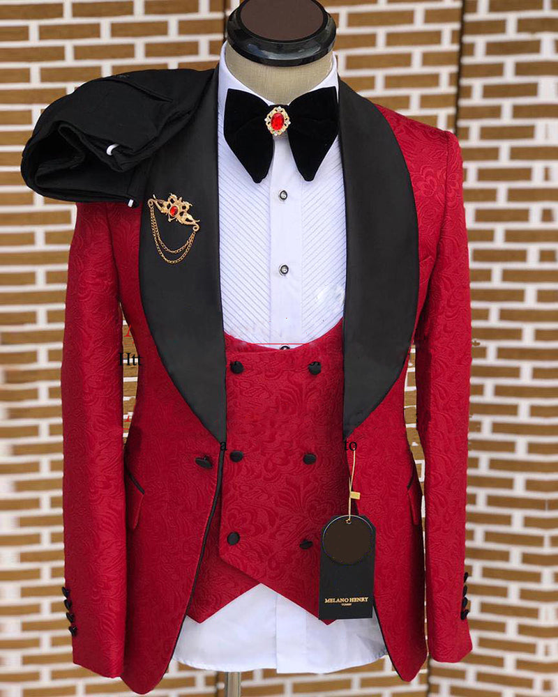 Elegant Black and Red Paisley Floral Pattern Men's 3-Piece Wedding Tuxedo Suit | Groom Formal Attire CB3515 | Perfect for Weddings, Prom & Special Occasions