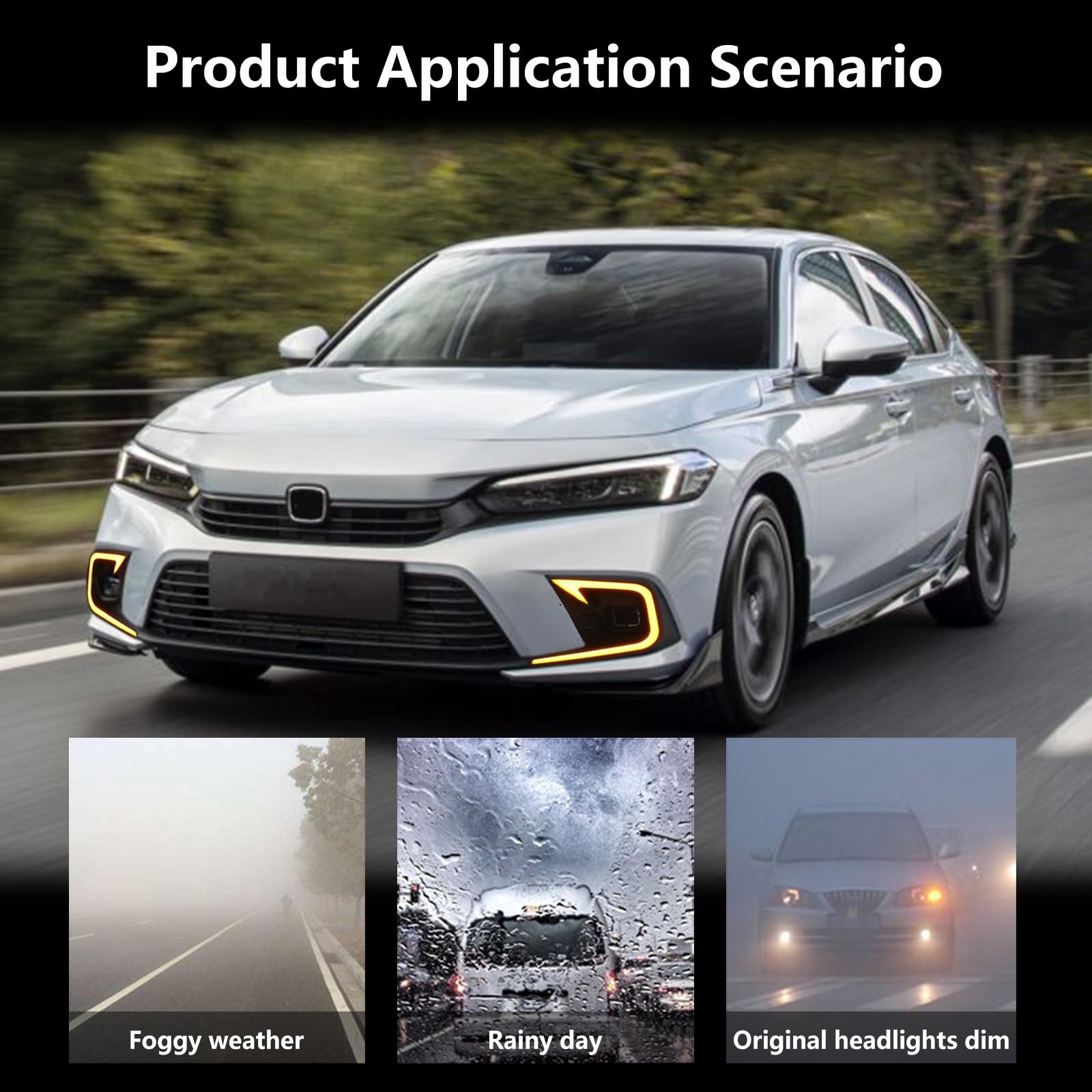 High-Performance LED Fog Lights & DRL Kit - White Daytime Running Lights, Amber Turn Signals, Blue Low Beam - Perfect Fit for 2021-2024 Honda Civic 11th Gen - Enhance Visibility for Night Driving & Bad Weather Conditions
