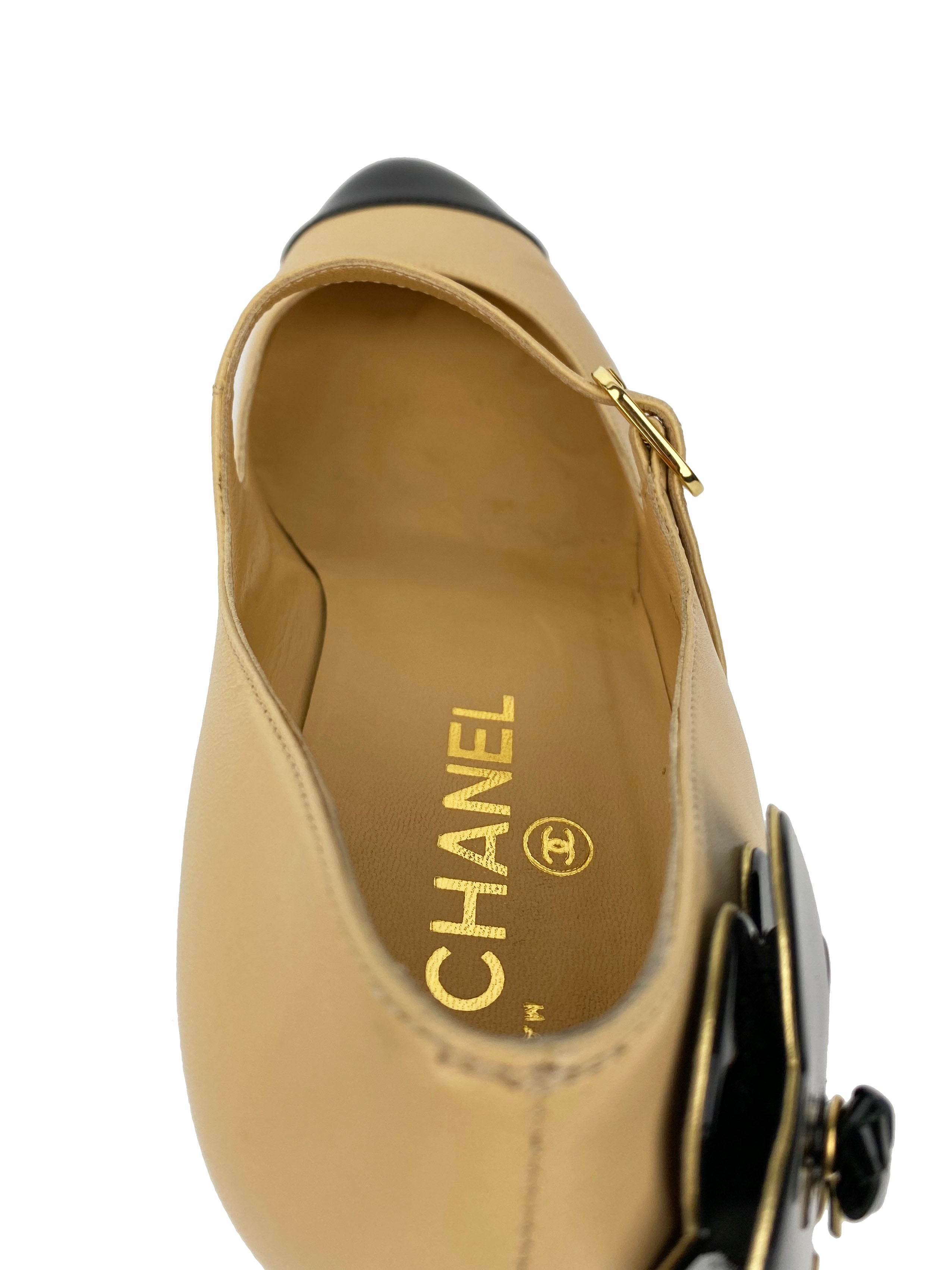 Chanel Nude & Black Leather Mary Jane Pumps with Camellia Flower Detail - Size 40 | Elegant Women's Dress Shoes for Weddings, Parties & Special Occasions
