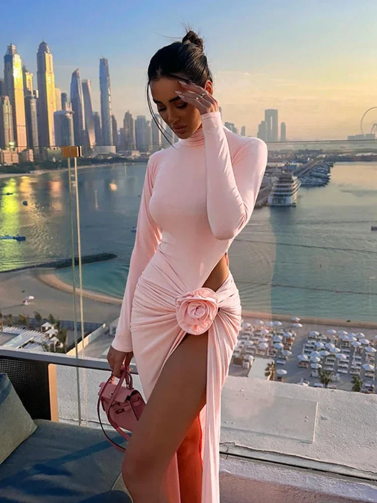 Elegant Pink 3D Floral Applique Ruched High-Slit Long Party Dress for Women - Autumn 2024 Fashion, Sexy Evening Gown for Prom, Wedding, Cocktail & Special Occasions