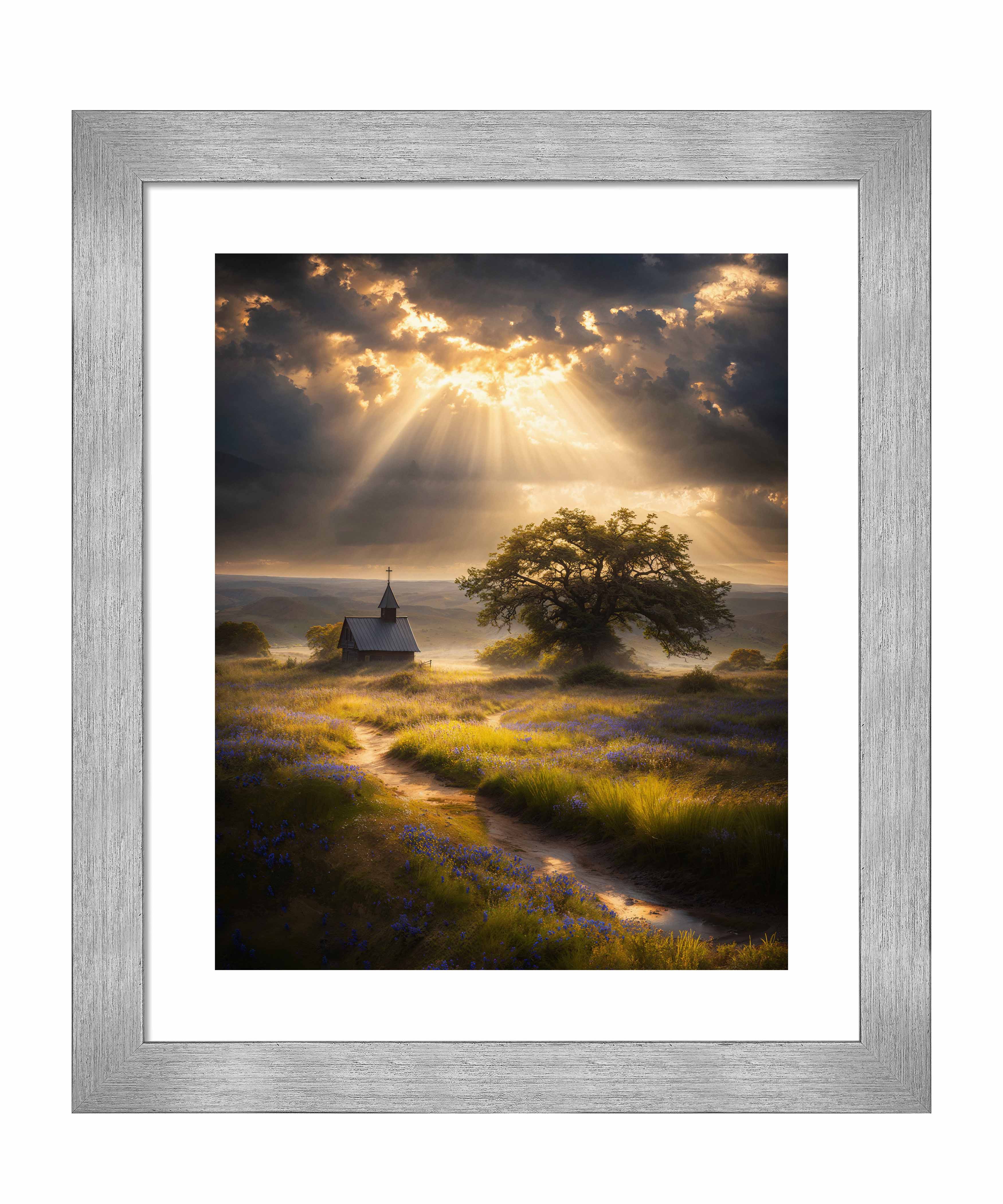 Celestial Rays Over Lone Star Landscape Art Print - Stunning Wall Decor for Living Room, Bedroom & Office