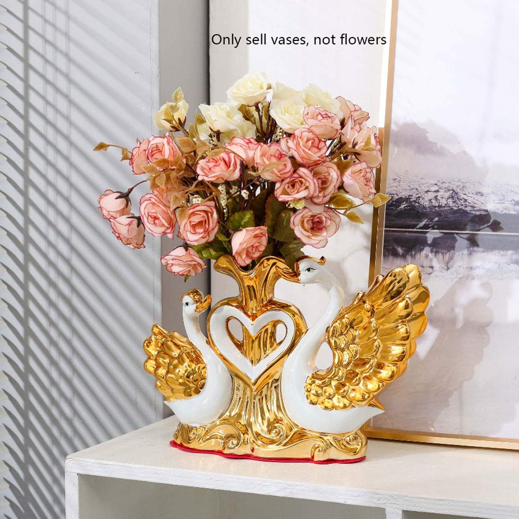 Elegant Gold-Plated Swan Vase - Large Ceramic Flower Vase for Wedding Gifts, Home Decor & Living Room Centerpiece - Perfect for Romantic Weddings, Anniversary Gifts & Luxury Home Furnishings (Gold, Large)