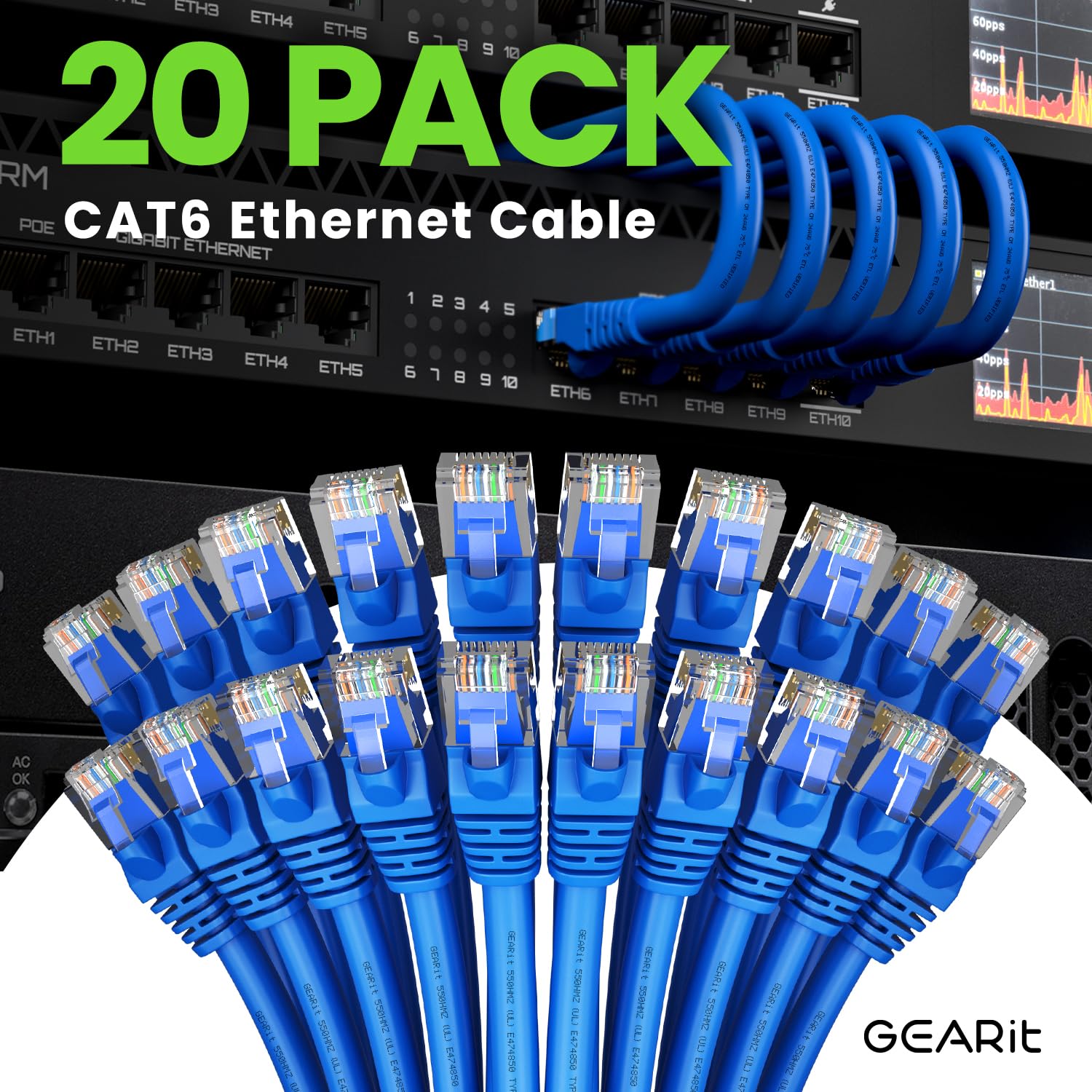 GearIT Cat 6 Ethernet Cable 25ft (20-Pack) - 10Gbps High-Speed Snagless RJ45 Network Patch Cord with Gold-Plated Connectors - Ideal for PC, Gaming, Home Office, Smart TV, Router, Printer & Data Center - Blue
