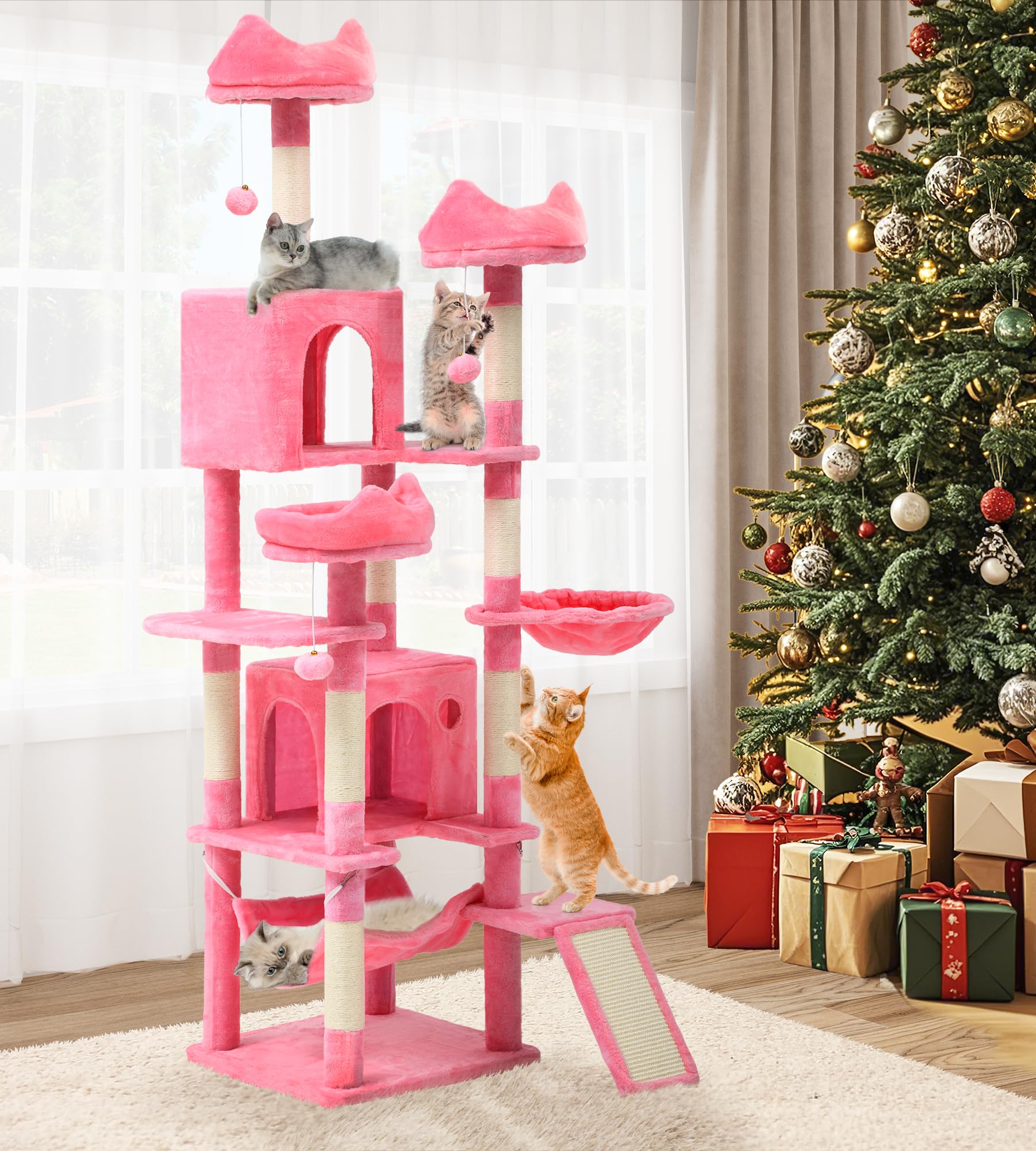 YITAHOME 75 Inch Tall Cat Tree for Indoor Cats - Multi-Level Cat Tower with Condos, Perches, Sisal Scratching Posts, Cozy Basket & Hammocks - Large Cat Activity Structure in Pink - Perfect for Play, Rest & Climbing in Home or Office