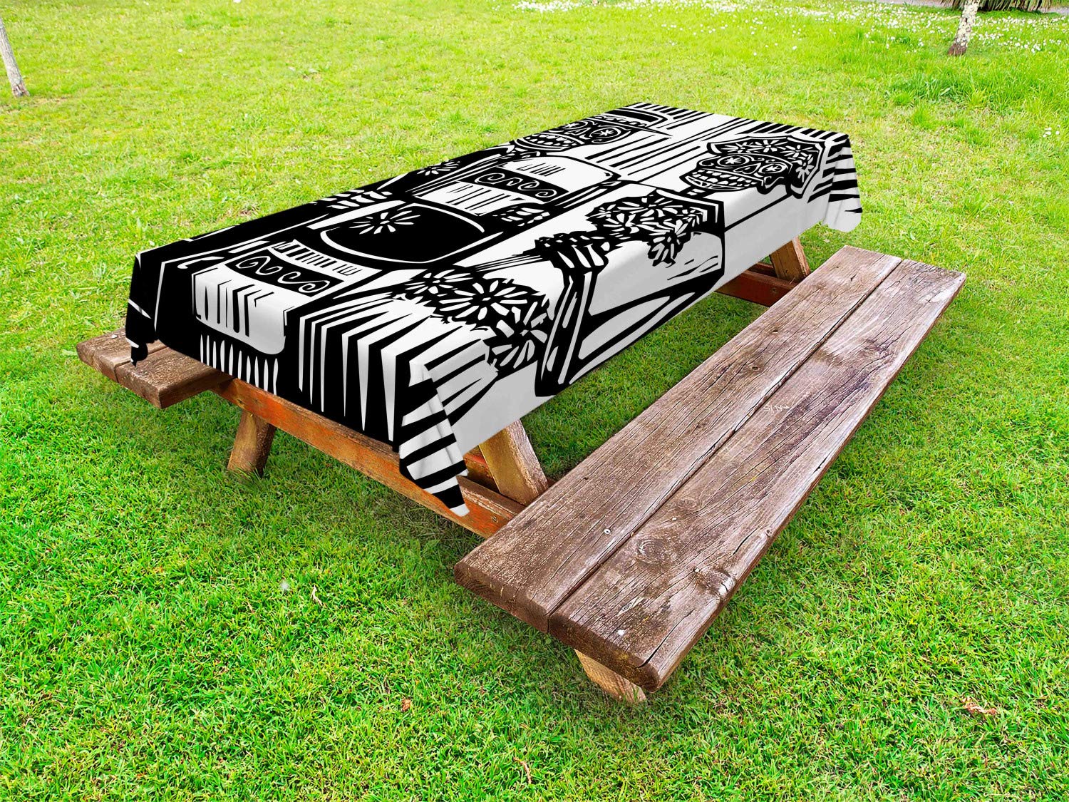 Ambesonne Day of The Dead Outdoor Tablecloth - Woodcut Style Skeleton Couple Wedding in Cemetery Design - Washable Picnic Table Cover 58