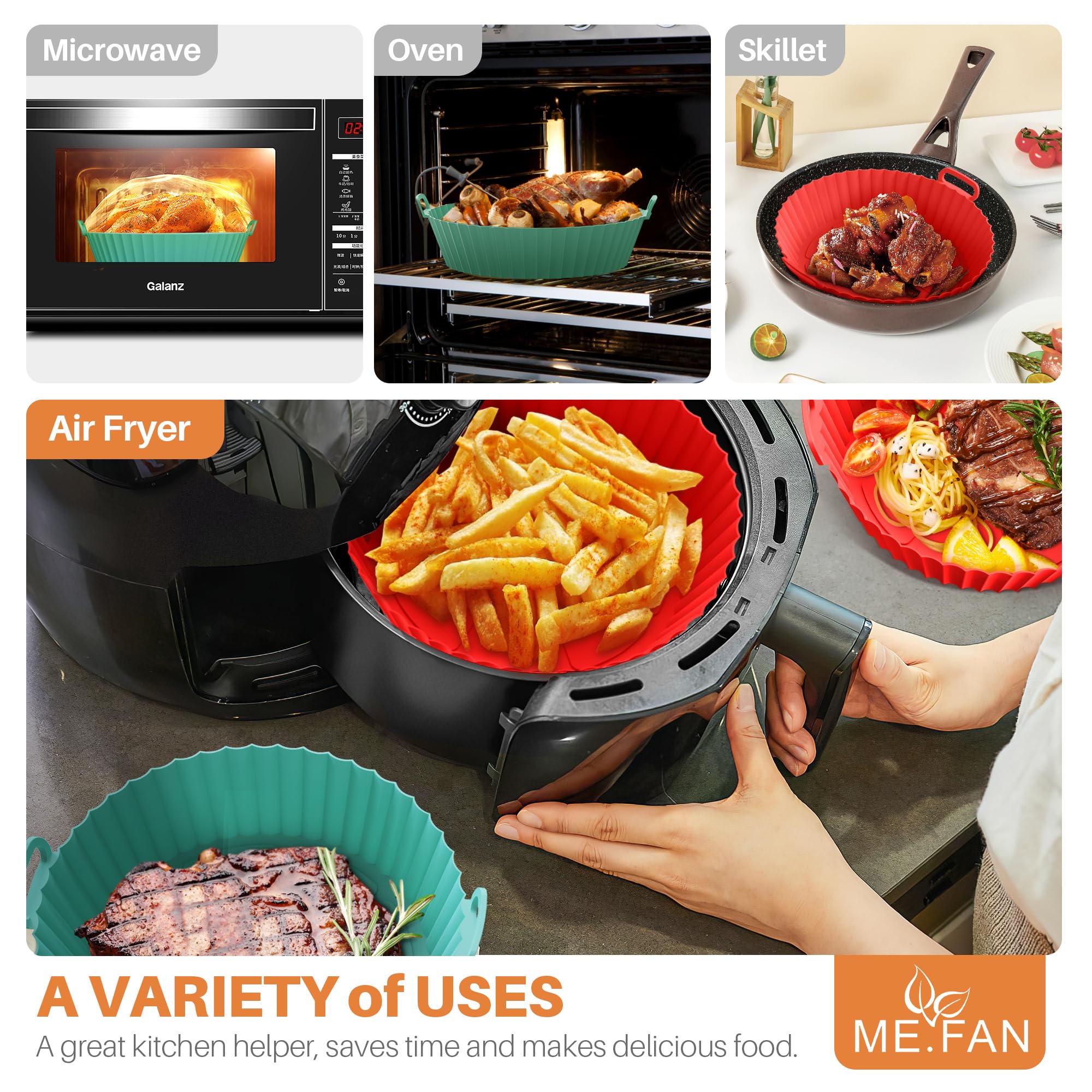 ME.FAN Air Fryer Silicone Liners for 4 to 7 QT [2 Pack] - Reusable Non-Stick Basket with Handles & Vent Holes - Oven Safe Accessories in Rose Pink & Light Grey - Perfect for Roasting, Baking, and Frying Healthy Meals