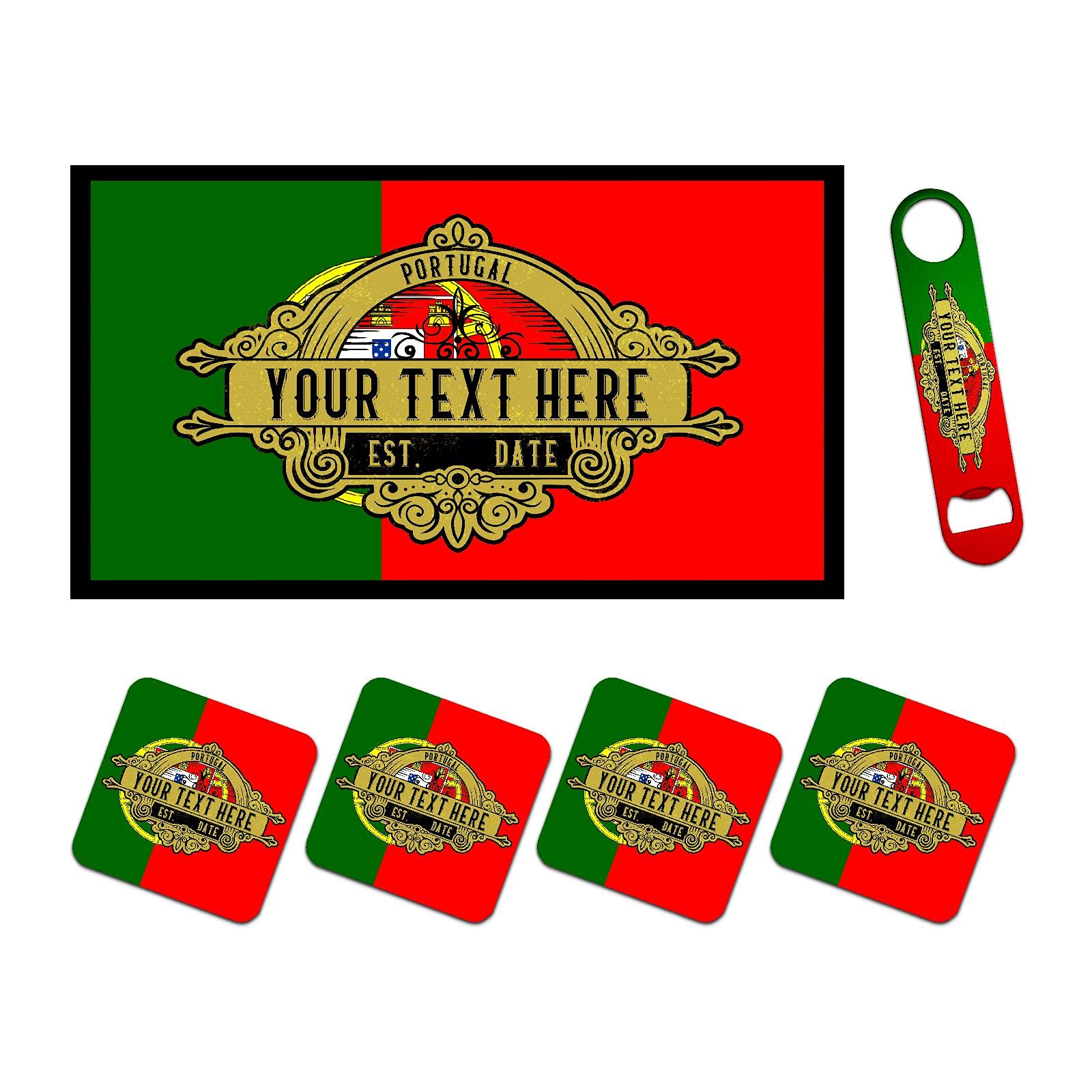 Personalized Portugal Flag Bar Runner Set with Bottle Opener & 4 Drink Coasters - Portuguese Themed Home Bar Accessories for Football/Soccer Fans - Custom Text Option - Perfect for Game Nights, Parties & Portuguese Decor