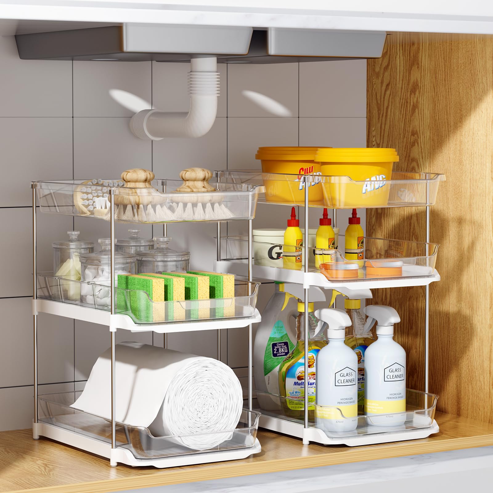 Delamu 2-Pack 3-Tier Under Sink Organizer Set - Stackable Bathroom & Kitchen Storage with Adjustable Dividers - Clear Pull-Out Cabinet Organizer for Pantry, Bathroom & Closet Organization (Perfect for Small Spaces & Home Organization)