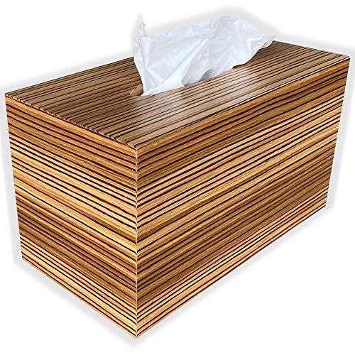 Premium Rectangular Wooden Tissue Box Cover - Family Size Zebrawood Veneer with Top Opening & Bottom Storage | Home & Office Decor, Gift Idea