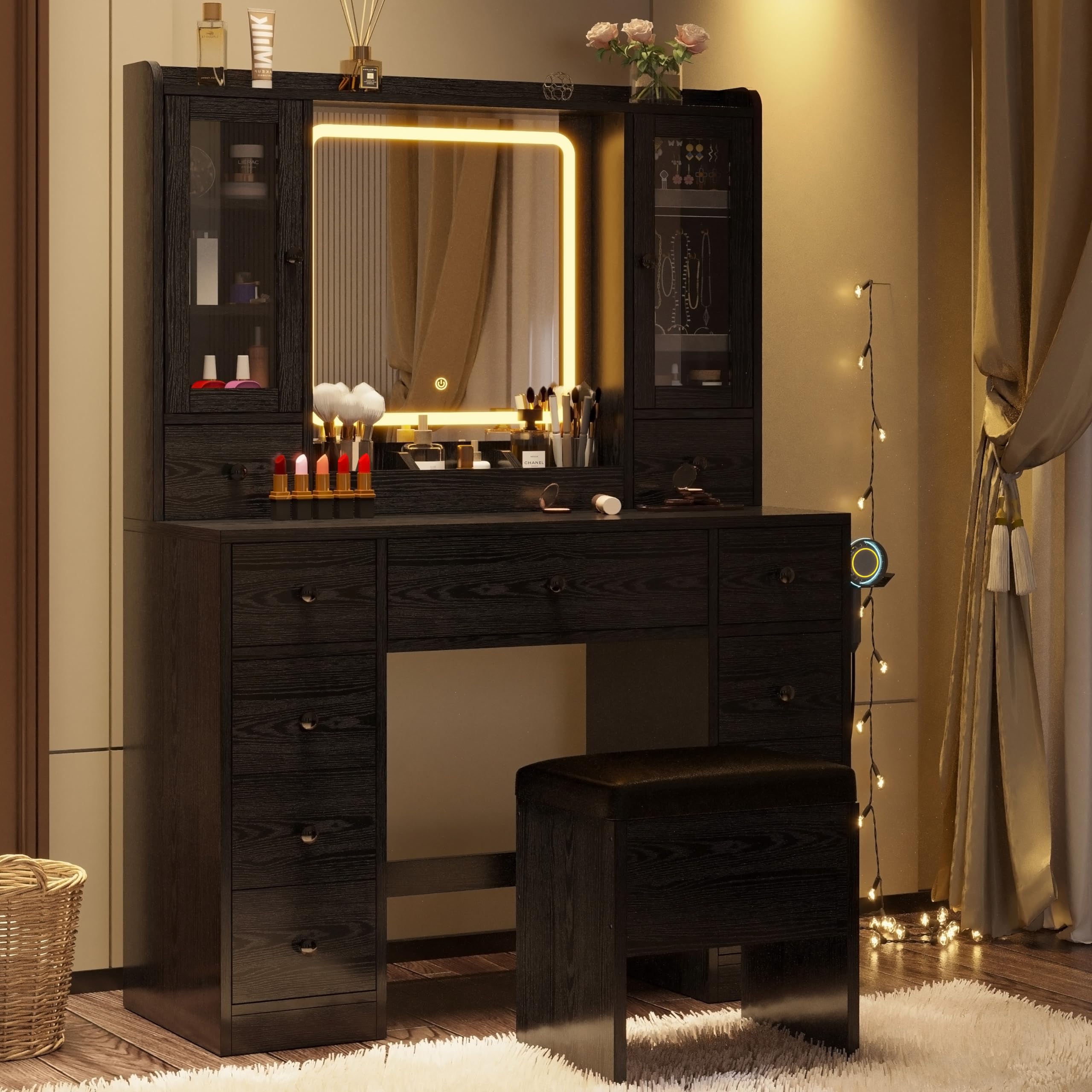 Black IRONCK LED Vanity Desk with Mirror & Charging Station - Perfect for Makeup & Jewelry Storage