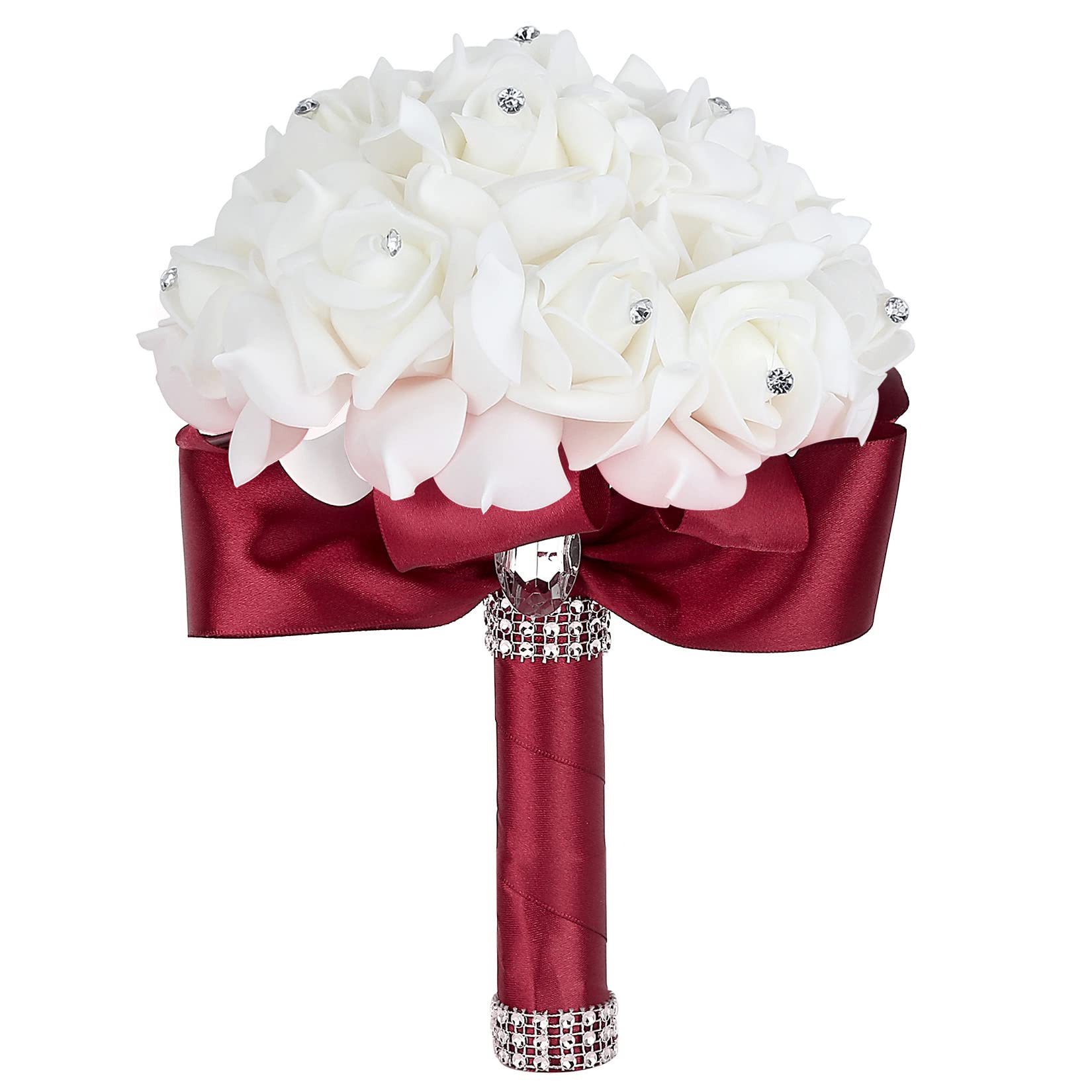 Elegant Burgundy Silk Rose Bridal Bouquet with Crystals - Perfect for Brides, Bridesmaids & Wedding Toss Bouquet - Burgundy & White Wedding Party Flowers for Ceremonies, Receptions & Photo Shoots