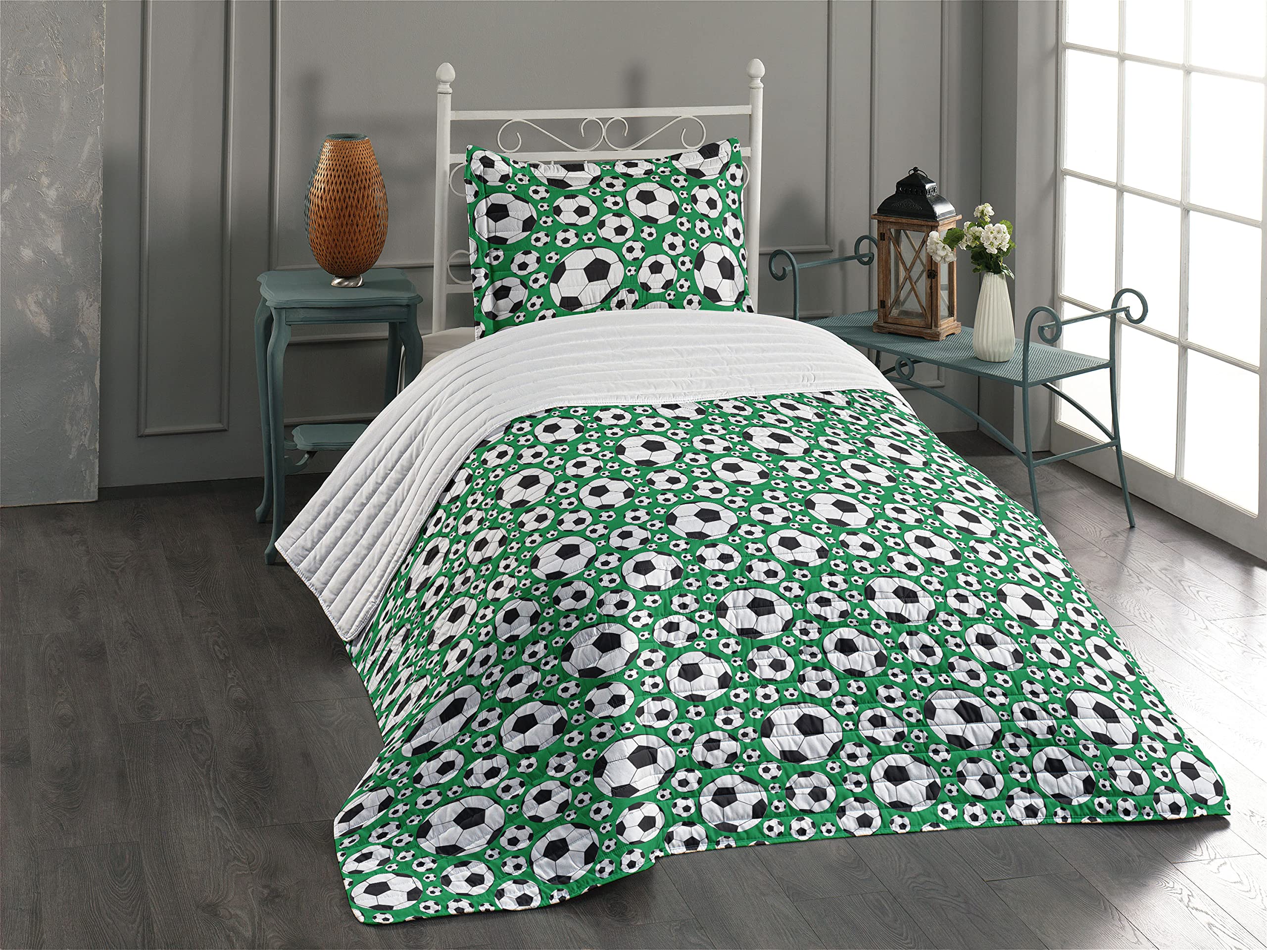 Ambesonne Soccer Microfiber Bedspread Set - Twin Size Green Black White Football Pattern Comforter with Pillow Sham | Soft Bedding for Sports Fans & Active Lifestyle | Perfect for Teen Bedrooms, Dorm Decor & Soccer Themed Rooms