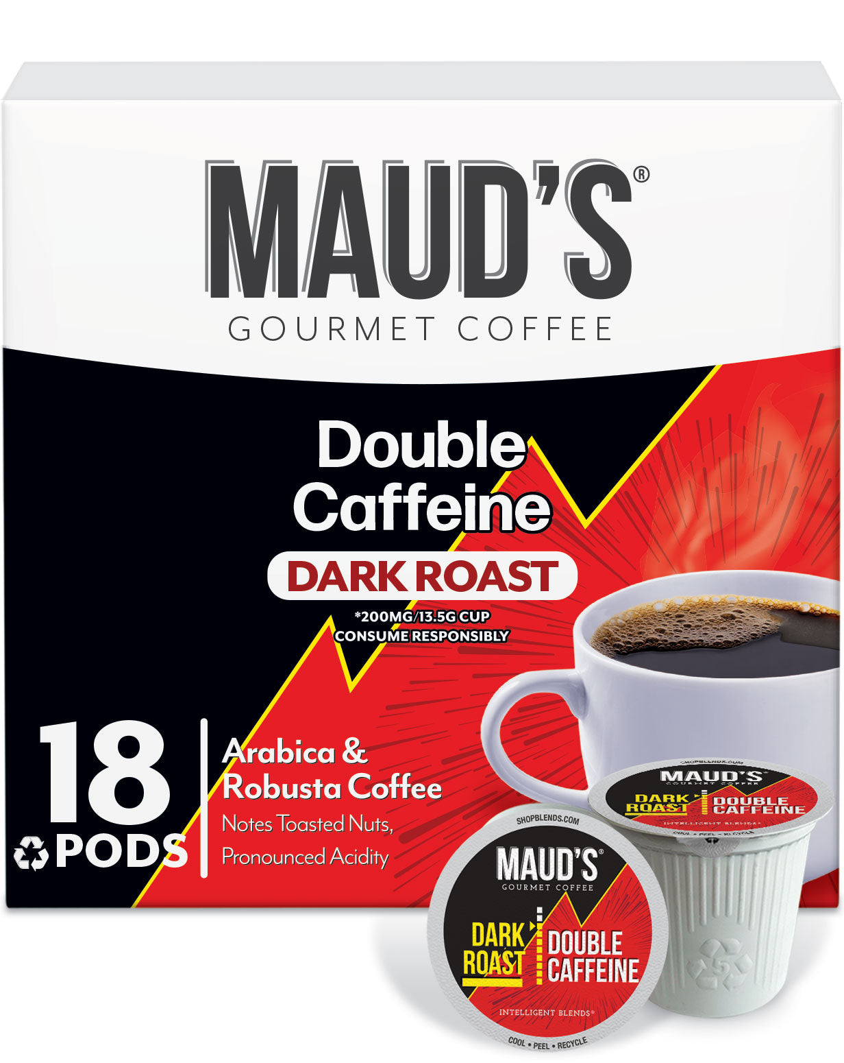 Maud's Double Caffeine Dark Roast Coffee Pods (2X Caffeine) - Strong Bold Flavor for Keurig Machines - Perfect for Morning Energy Boost & Office Use