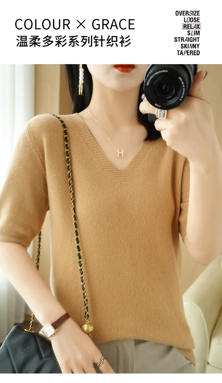 Solid Color V-Neck Half-Sleeve Cashmere Sweater for Women - Soft Thin Knit Casual Top for Office Wear & Fall Layering