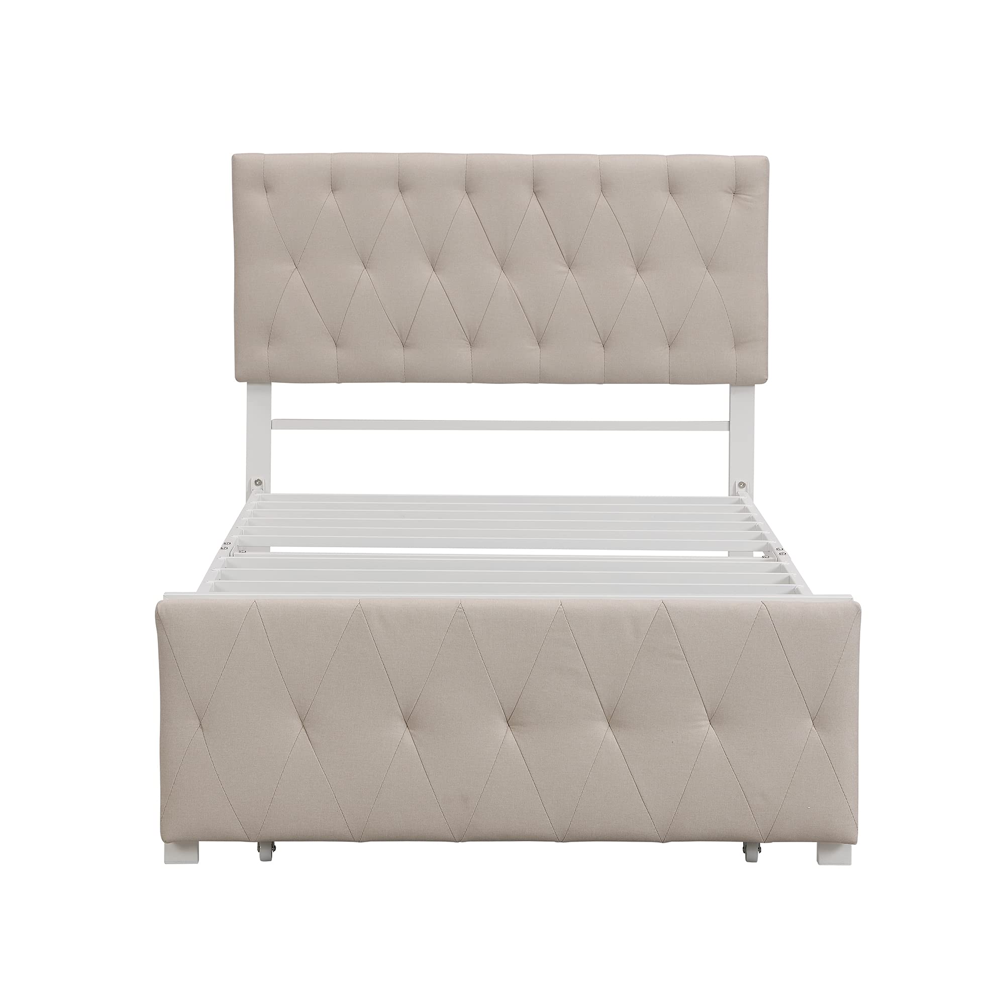 Knocbel Twin Size Metal Platform Bed Frame with Linen Upholstered Headboard & Storage Drawers - 13 Heavy Duty Slat Support, No Box Spring Needed - Space-Saving Bedroom Solution for Small Apartments, Dorms & Guest Rooms