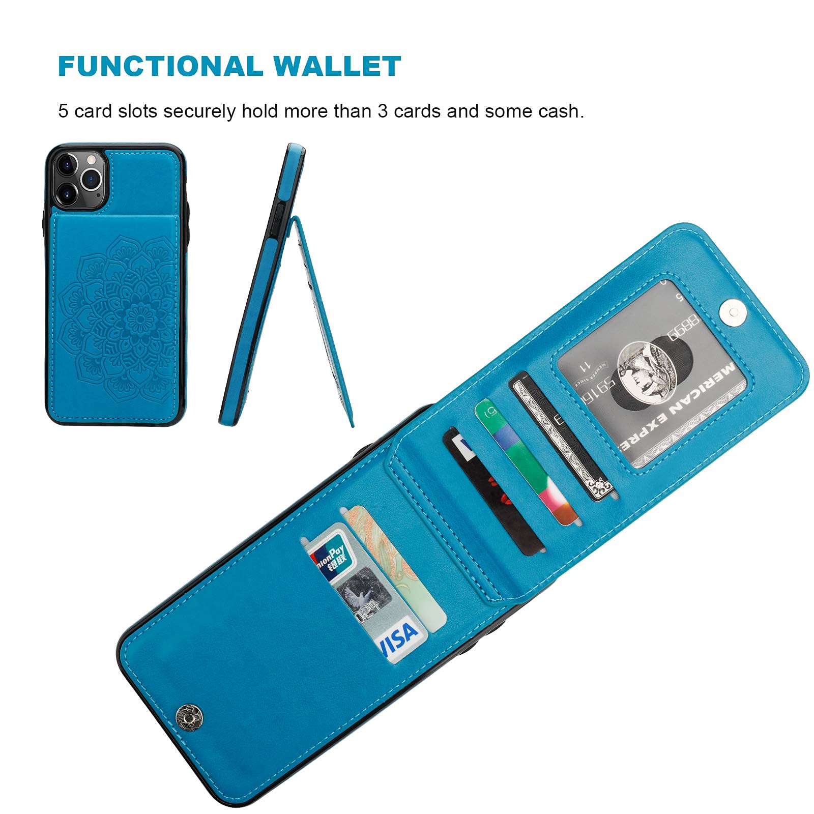 Vaburs iPhone 11 Pro Max Wallet Case - PU Leather Flip Cover with 5 Card Slots & Kickstand, Embossed Mandala Flower Design, Shockproof Protective Phone Case for iPhone 11 Pro Max 6.5 Inch (Blue) | Perfect for Travel, Work, and Everyday Use