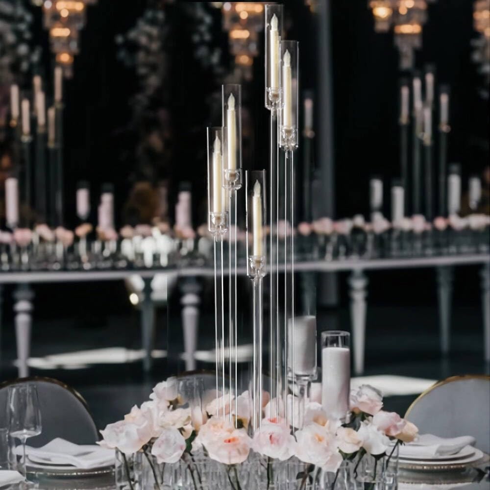 10-Pack Clear Acrylic 5-Arm Floor Candelabra - Tall Wedding Candle Holder for Table Centerpiece, Ceremony Decor, Party & Home Decoration - Fits 0.8