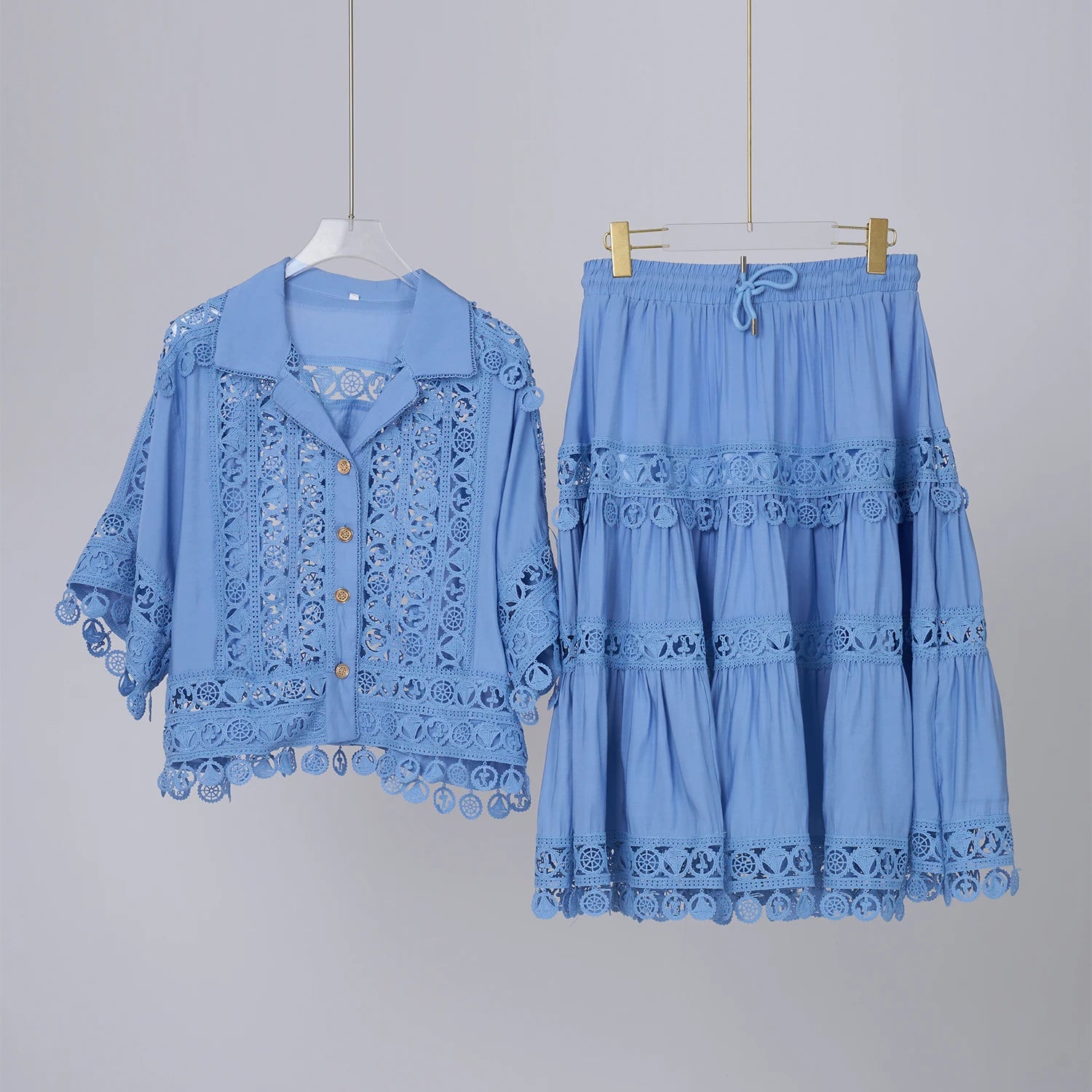 Women's 2-Piece Embroidery Outfit - Lace Hollow Out Loose Blouse & Elastic Waist Midi Skirt Set | Summer Vacation, Beachwear, Date Night, Casual Chic Outfits