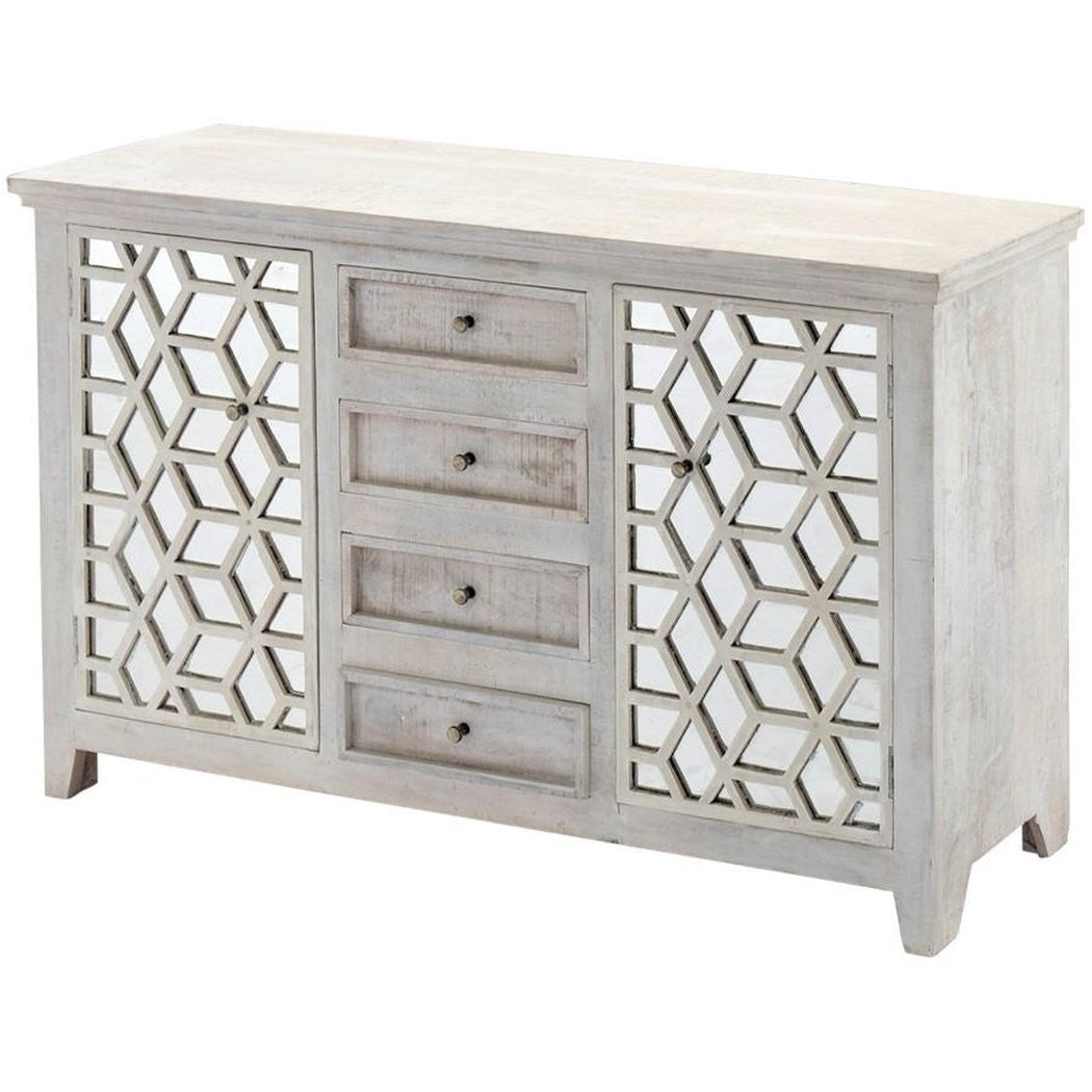 French Arched Hand Carved White Mirrored Sideboard with 4 Drawers & 2 Doors - Elegant Entryway Console & Dining Room Buffet for Home Decor