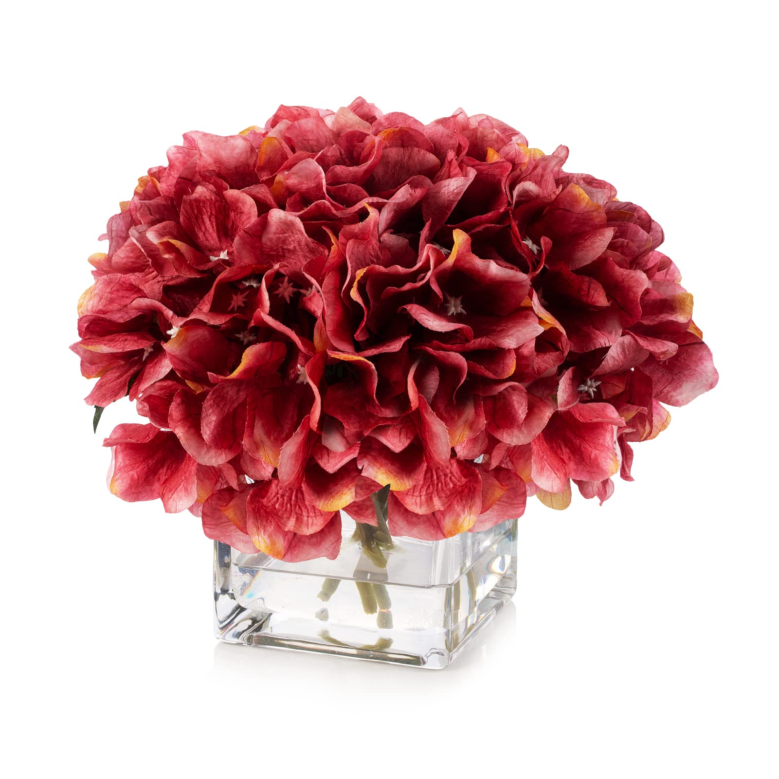 ENOVA FLORAL Artificial Silk Hydrangea Flowers in Vase with Faux Water - Fuchsia Fake Floral Arrangement for Home Decor, Dining Table Centerpiece, Wedding & Event Decoration - Perfect for Living Room, Office, and Party Decor