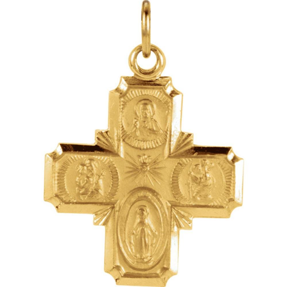 14KT Four Way Medal - Gold Religious Pendant Necklace for Men & Women - Perfect for Baptism, First Communion, Confirmation & Everyday Wear
