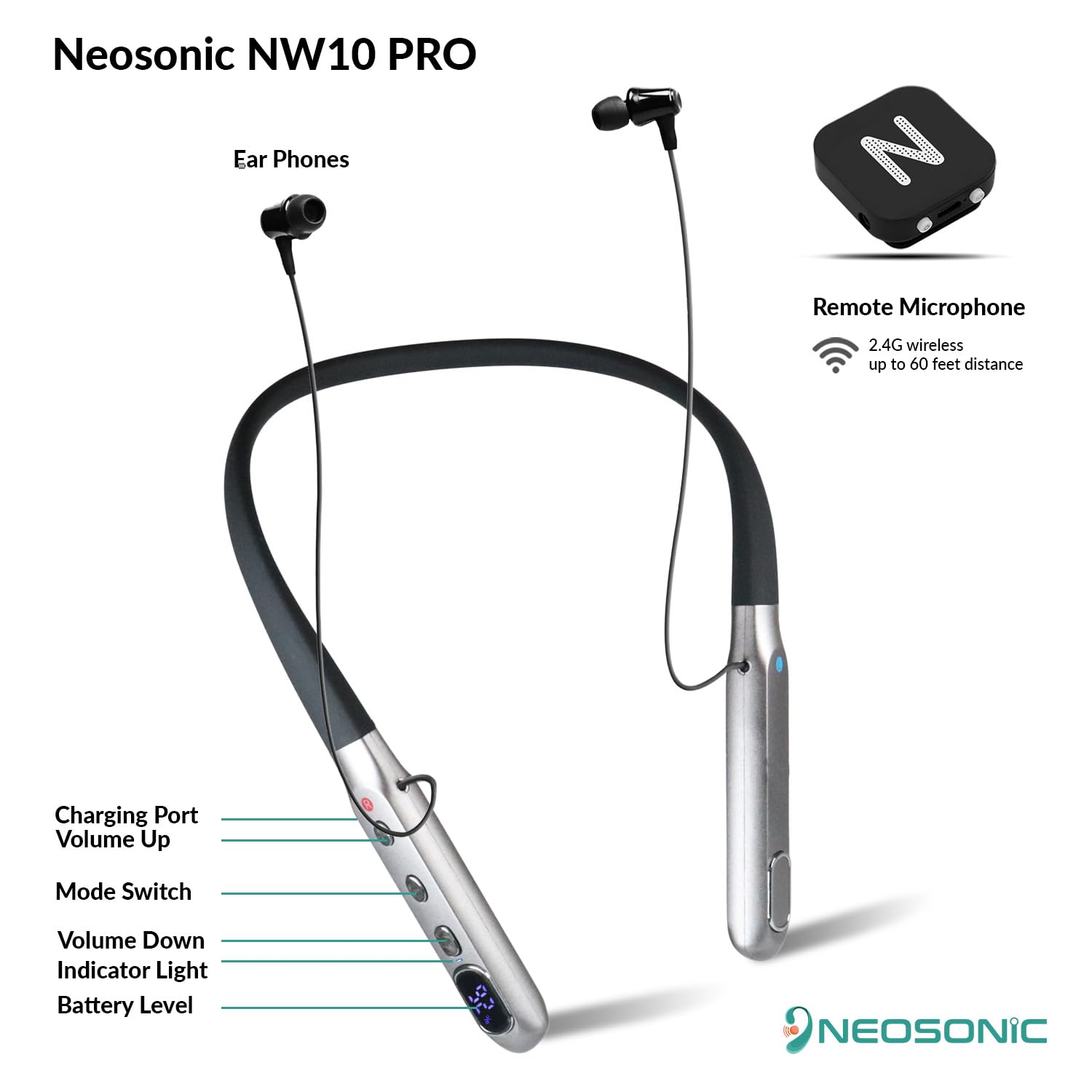 Neosonic NW10 Pro Rechargeable Hearing Amplifier with Noise Cancelling & Wireless Neckband - Hearing Aid for Seniors & Adults, Perfect for TV Watching, Conversations & Outdoor Activities