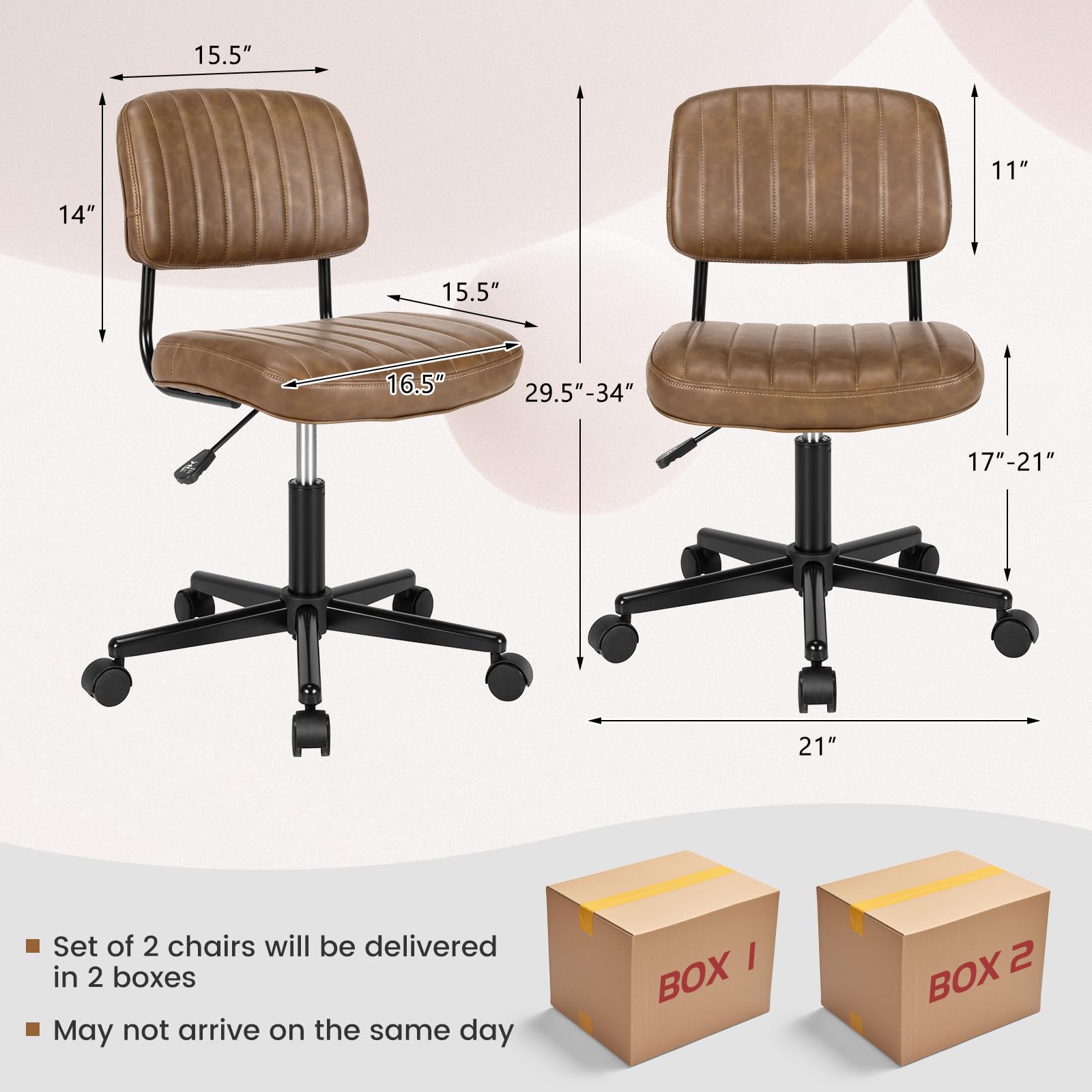 COSTWAY Armless Desk Chair with Wheels - PU Leather Low Back Computer Task Chair with Lumbar Support, Height Adjustable Rolling Office Chair for Home, Kids, Teens & Adults (Brown) - Perfect for Study, Work & Gaming