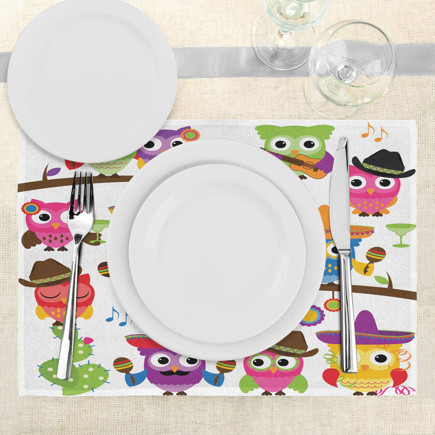 Lunarable Owls Place Mats Set of 4 - Cowboy Cowgirl Animal Print with Hats, Guitars & Cactus Design - Washable Fabric Dining Table Mats for Cinco de Mayo & Western Theme Decor - Standard Size (Red/Orange) - Perfect for Mexican Fiesta Parties, Western Dinners & Kitchen Table Settings