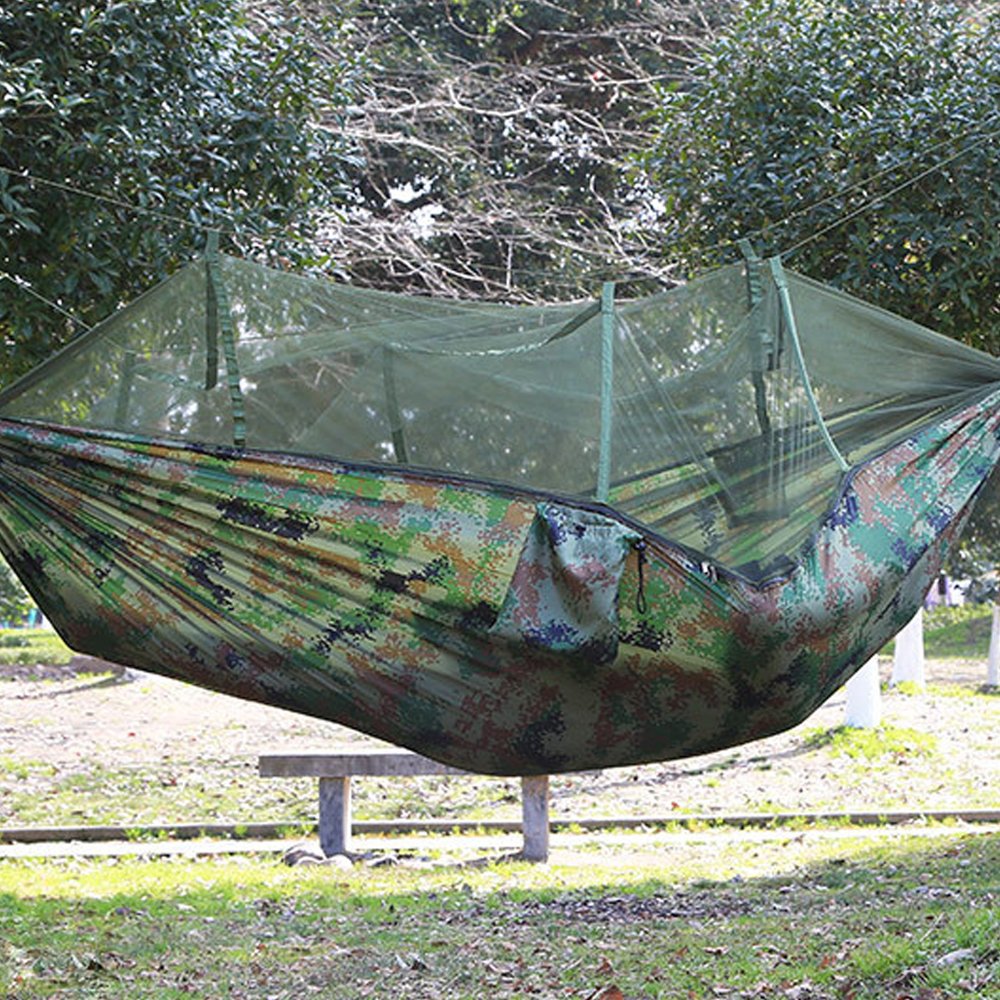 Premium Portable Foldable Double Camping Hammock with Mosquito Net - Lightweight 210T Nylon Hanging Bed for Outdoor Travel - Supports 441 lbs with Strong Tree Straps & Hooks - Includes Storage Bag - Perfect for Backpacking, Beach Trips, and Backyard Relaxation