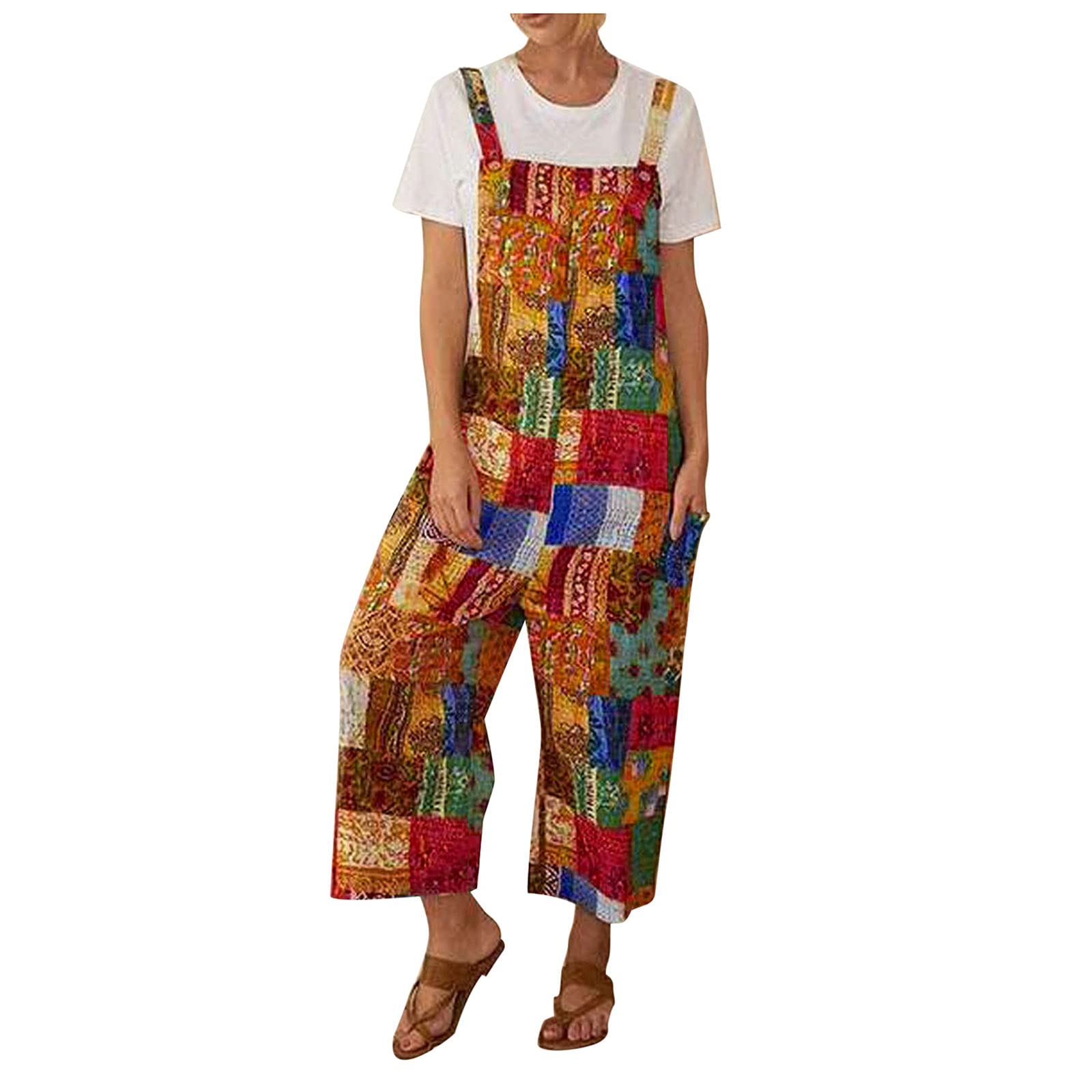 Vintage Women's Suspender Button Jumpsuit - Ethnic Patchwork Printed Tuxedo Shorts Romper | Boho Chic Fashion for Casual Outings, Music Festivals & Retro Parties