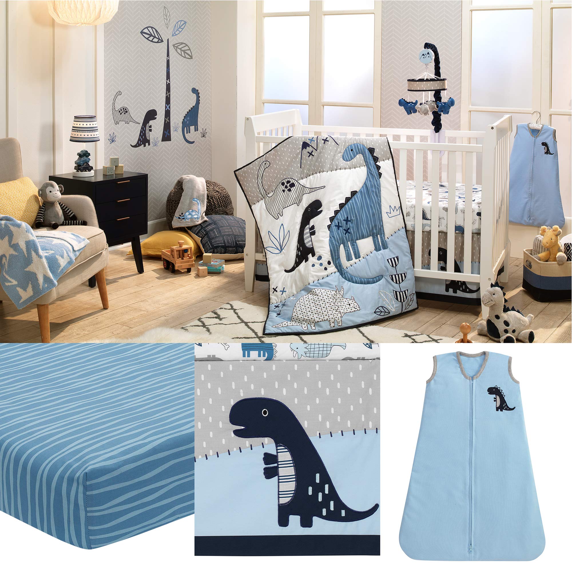 Lambs & Ivy Baby Dino Blue & White Dinosaur Nursery 6-Piece Crib Bedding Set - Soft Crib Sheets, Bumper, Skirt & More for Boys & Girls Nursery Decor