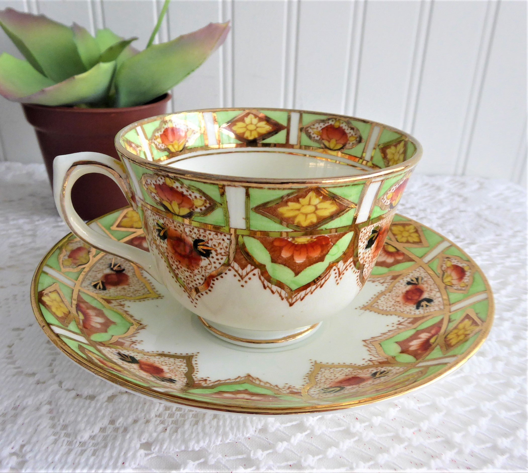 Vintage 1920s Hand-Painted Lime Green & Gold Cup and Saucer Set by Taylor & Kent England - Perfect for Afternoon Tea, Collectibles, and Antique Home Decor