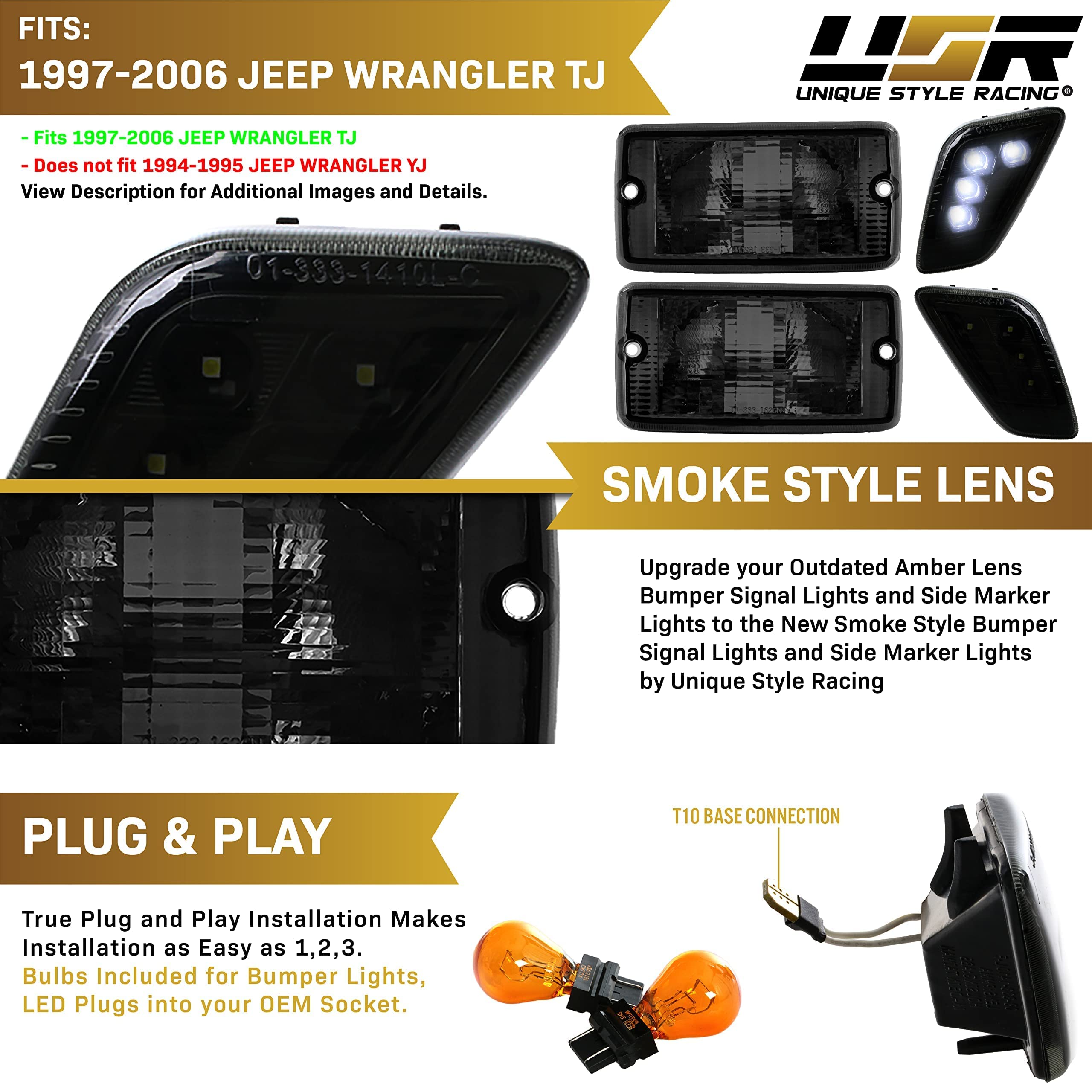 USR DEPO 97-06 Jeep Wrangler TJ Tail Lights with White LED Side Marker Lights - Smoked Lens 6-Piece Plug & Play Combo Set - Fits 1997-2006 Wrangler TJ Models - Perfect for Off-Roading & Night Driving