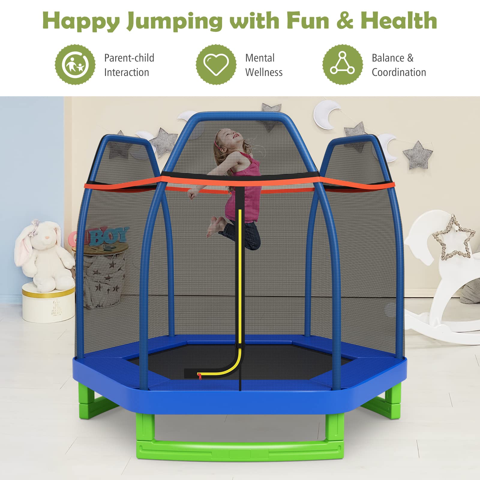 **Giantex 7 Ft Kids Trampoline with Safety Net – Heavy Duty Steel Frame Indoor/Outdoor Toddler Trampoline for Ages 3-8 – Perfect Gift for Boys & Girls – Backyard, Playroom, or Gym Use**