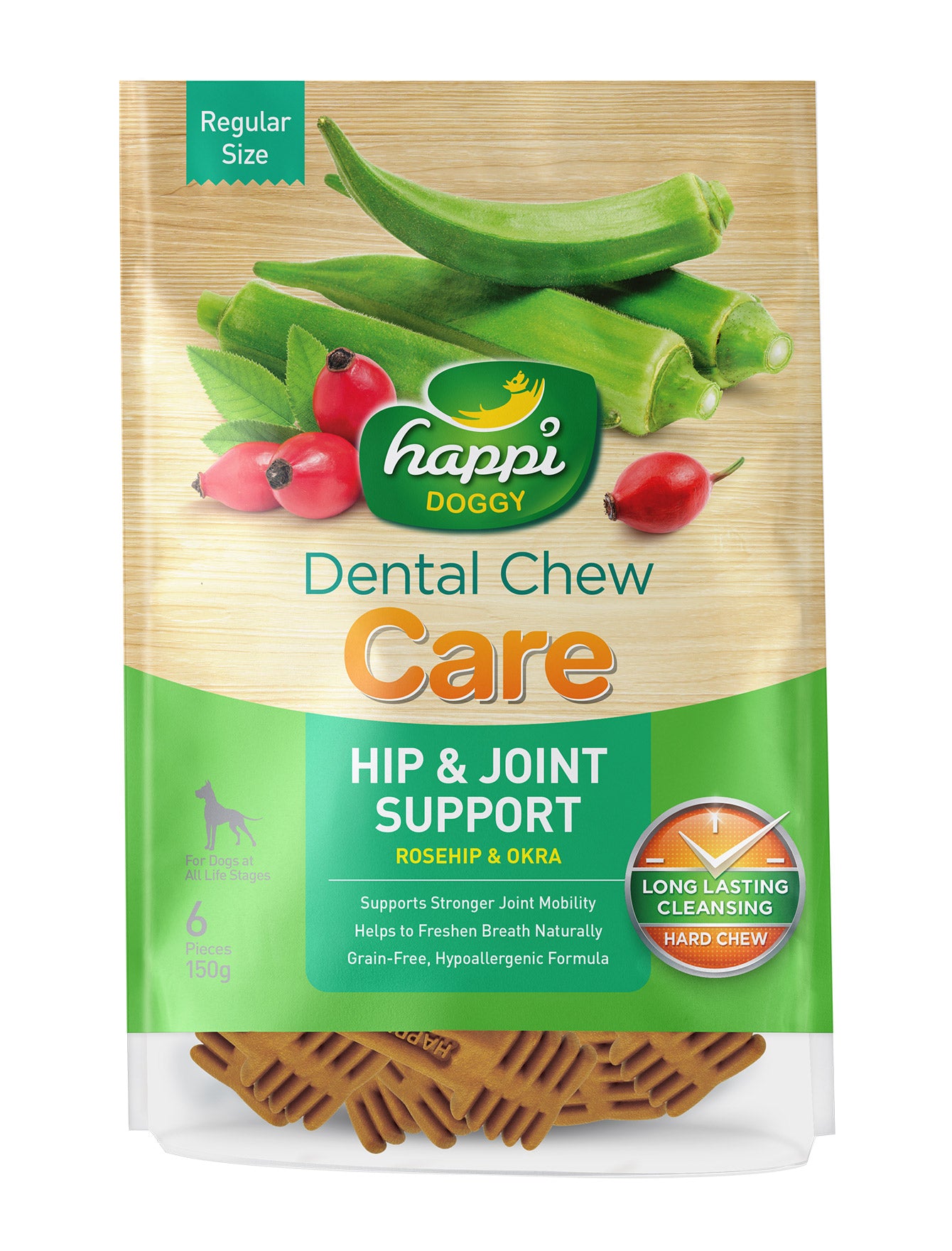 Happi Doggy Dental Chew for Dogs - Rosehip & Okra Flavor, Hip & Joint Support, 150g (2 Size Options) | Healthy Teeth & Gum Care Treats for Small & Large Dogs | Perfect for Daily Oral Hygiene & Joint Health Maintenance