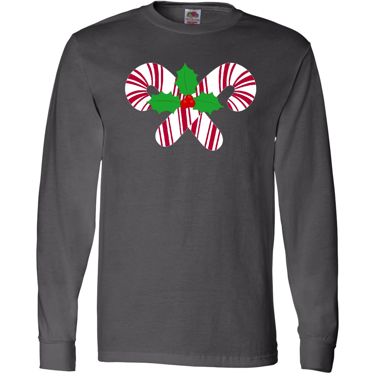 Inktastic Candy Canes and Holly Christmas Adult Long Sleeve T-Shirt - Festive Holiday Tee for Christmas Parties & Family Gatherings