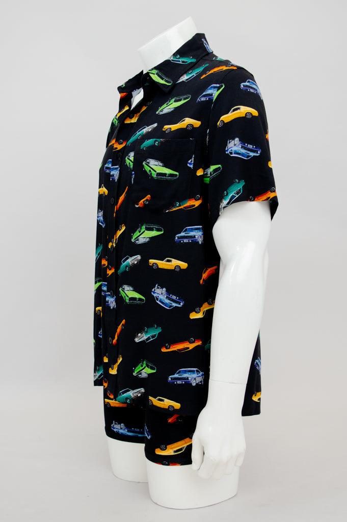 Dinosaur Print T-Shirt with Vintage Muscle Cars Design - Soft Woven Bamboo Fabric for Men & Women - Perfect for Casual Wear, Street Style, and Car Enthusiasts