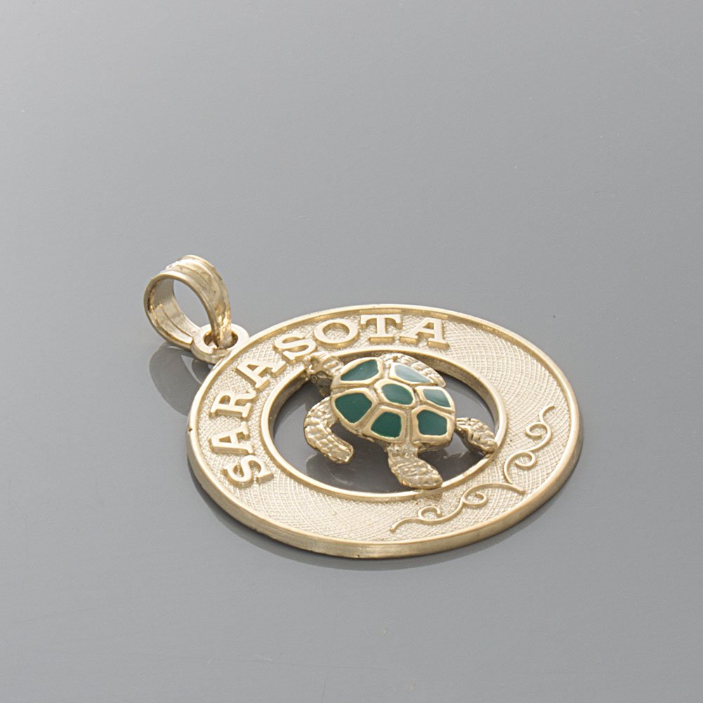 14K Yellow Gold Sarasota Travel Charm Pendant with Enamel Turtle Design - Perfect for Beach Vacations, Cruise Trips & Souvenir Gifting