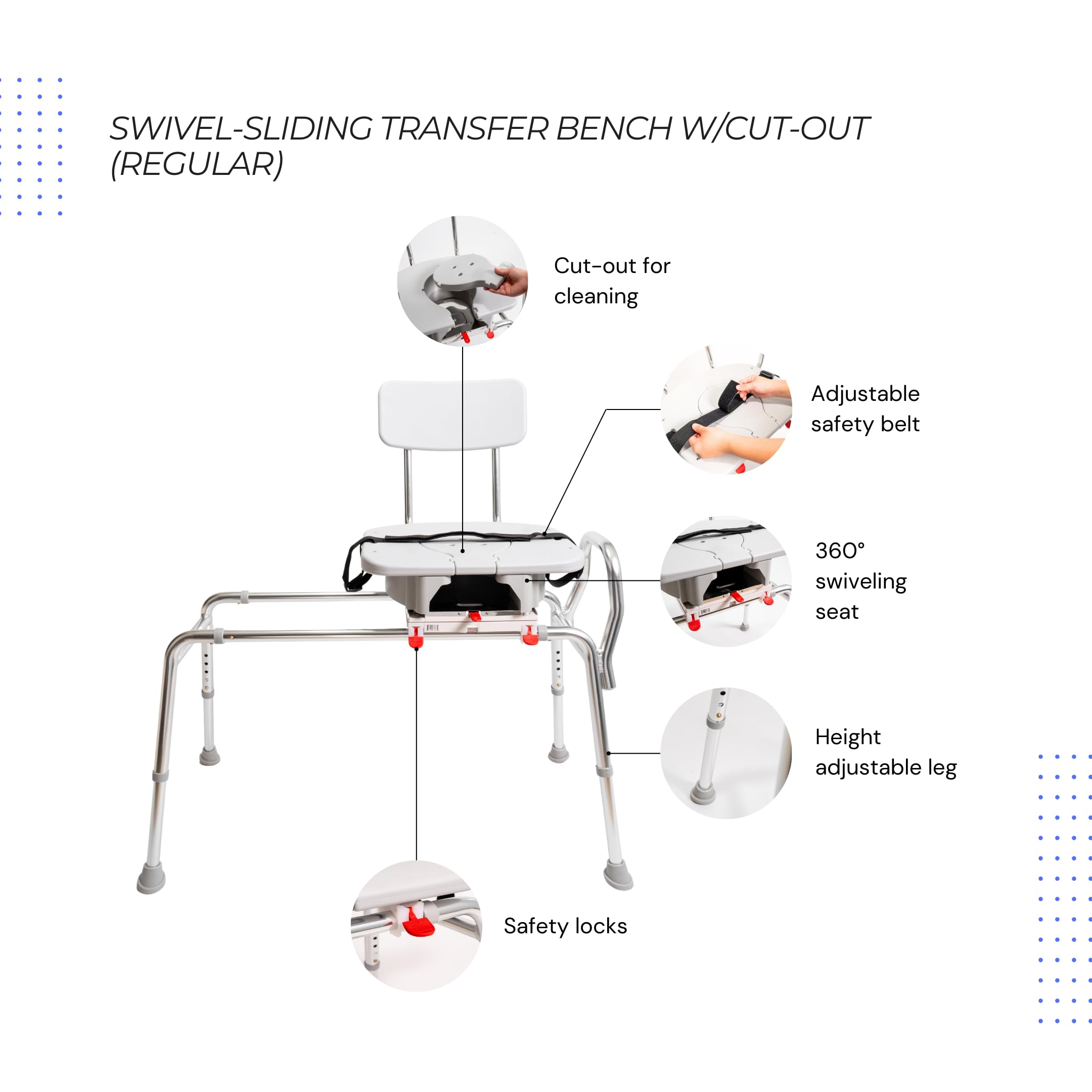 Eagle Health Supplies Adjustable Height Swivel Sliding Shower Chair & Bathtub Transfer Bench with Cut-Out Design - Heavy Duty 400 lbs Capacity - Safety Shower Seat for Elderly & Disabled Adults - Ideal for Bathroom Safety, Mobility Assistance & Post-Surgery Recovery (Model 77663)