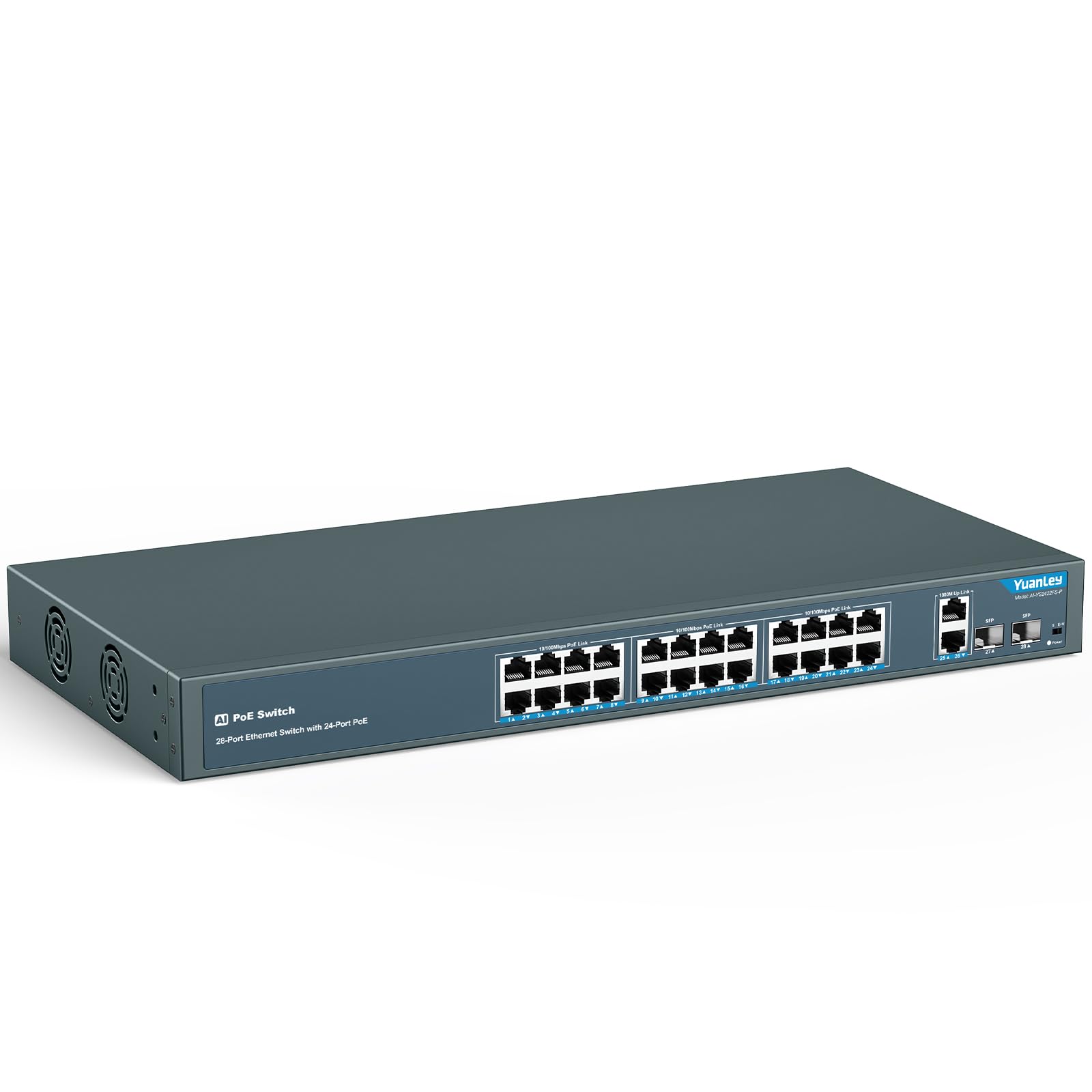 YuanLey 24 Port PoE+ Gigabit Ethernet Switch with 2 SFP Ports, 400W Power, 802.3af/at Compliant, Unmanaged Network Switch with AI Watchdog, VLAN Support, 250m Extended Range, Rack Mountable - Ideal for Office, Warehouse & Security Camera Systems