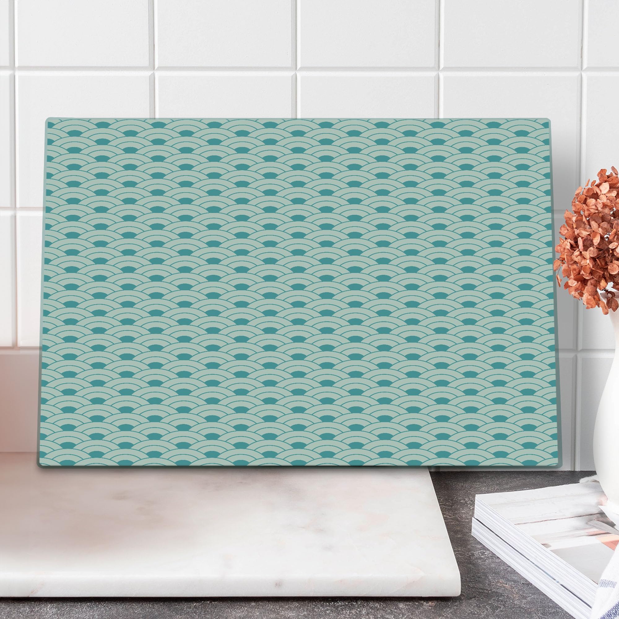 Ambesonne Ocean Themed Tempered Glass Cutting Board - Large Size Sky Blue & White with Bold Half Circles and Waves Design - Perfect for Serving, Charcuterie, and Kitchen Decor