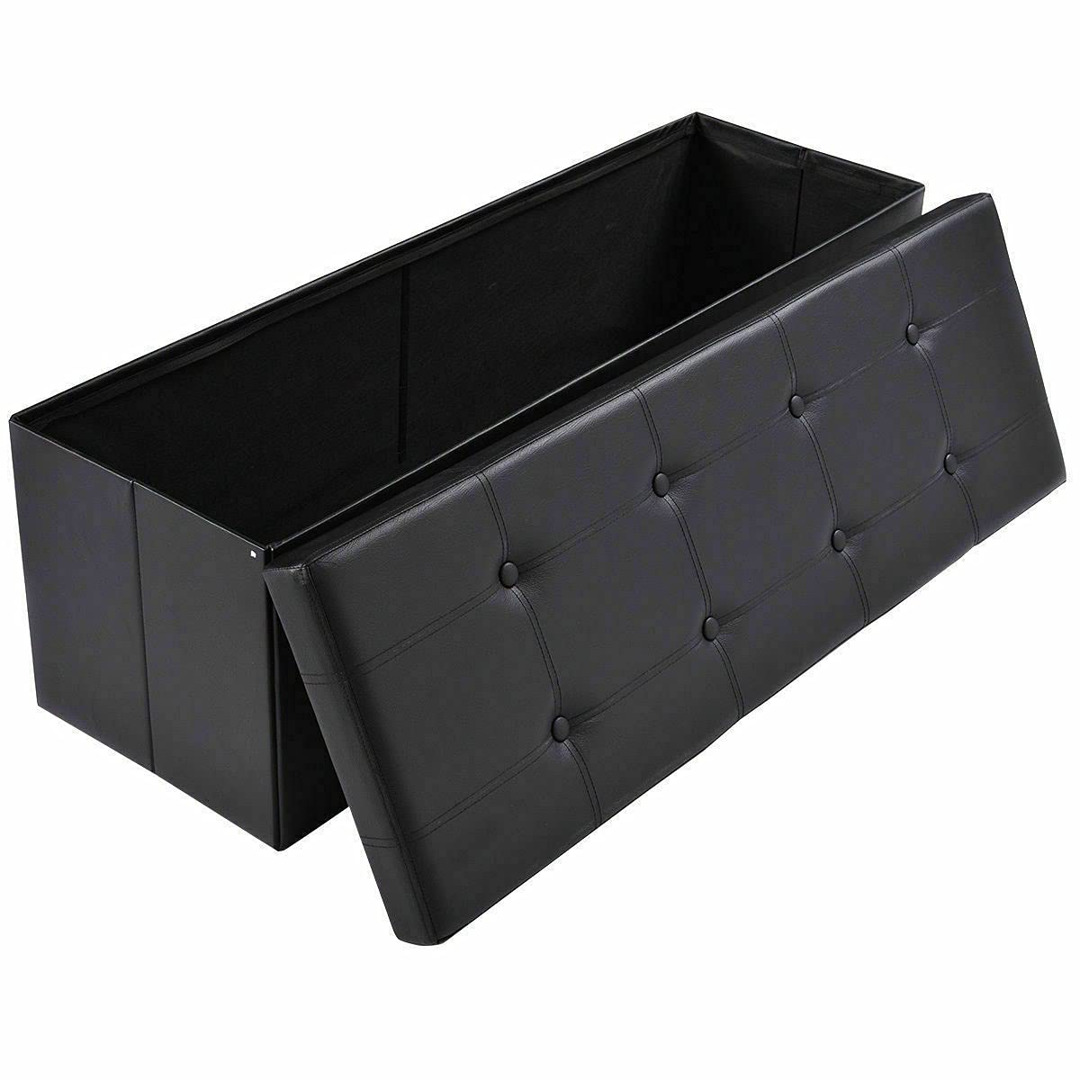 Black Faux Leather Storage Ottoman with Lid - Foldable Footrest Stool for Living Room, Bedroom - Perfect for Storing Blankets, Toys, Books & Home Accessories - Multipurpose Furniture for Extra Seating & Organization