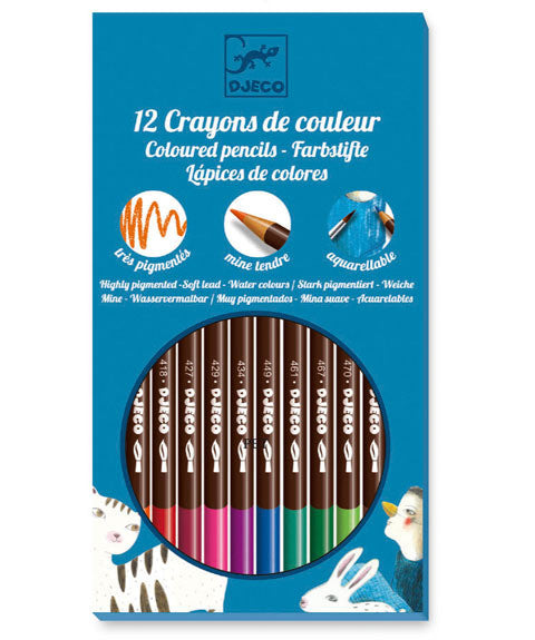 12 Premium Djeco Watercolor Pencils Set - Vibrant Colors for Artists, Students & Hobbyists - Perfect for Sketching, Coloring & Mixed Media Art Projects