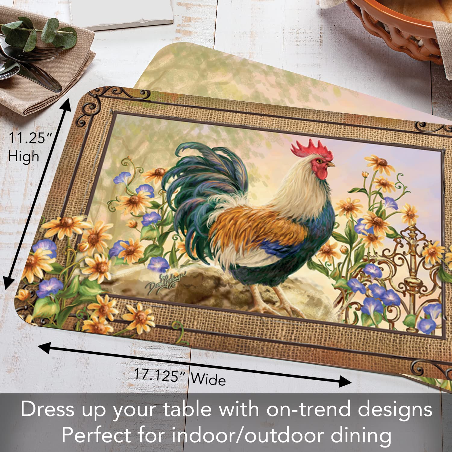 Counterart Country Charm Rooster 4-Pack Reversible Plastic Placemats | BPA-Free, PVC-Free, Easy-Clean | Made in USA | Perfect for Farmhouse Kitchens, Dining Tables & Outdoor Entertaining