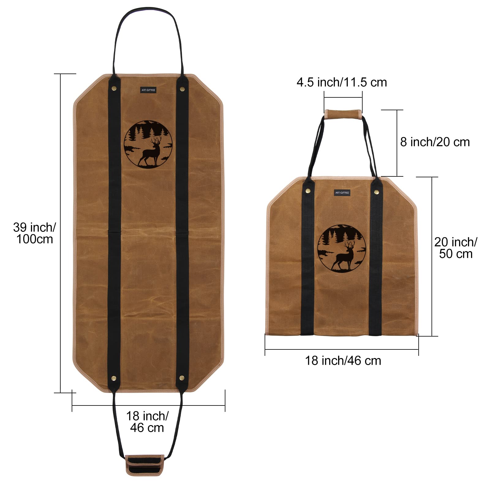 Large Firewood Carrier 39 x 18 Inches - Heavy Duty Waxed Canvas Log Tote Bag with Sturdy Handles for Fireplace, Camping & Outdoor Use - Reindeer Design Wood Holder